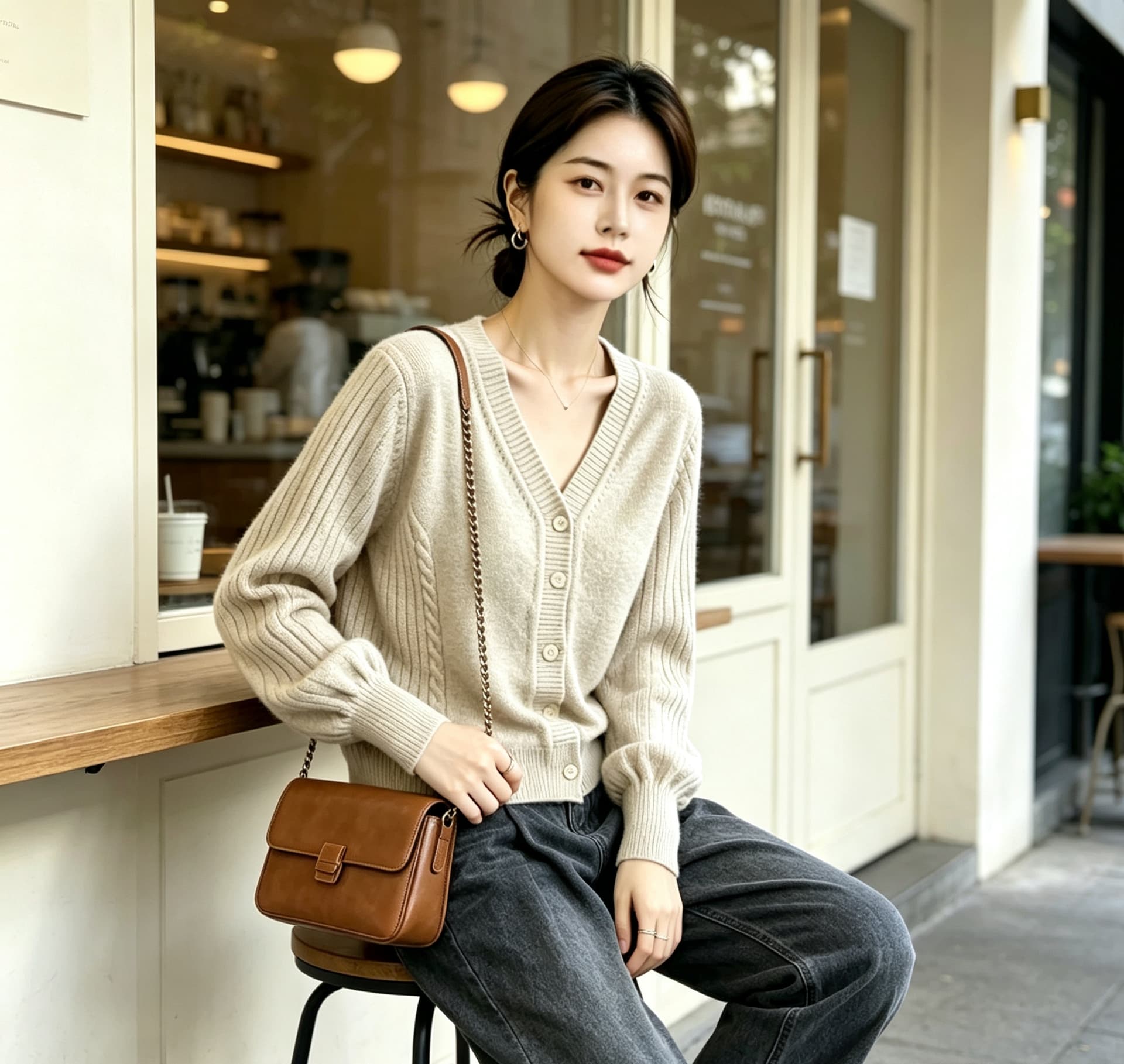 실사 빅 사이즈 여성 의류 미니멀리즘 레트로 V넥 싱글 줄 버튼 오픈 가디건 허리 수축 슬림해 보이는 가을 새로운 보온 스웨터 상세 이미지 14