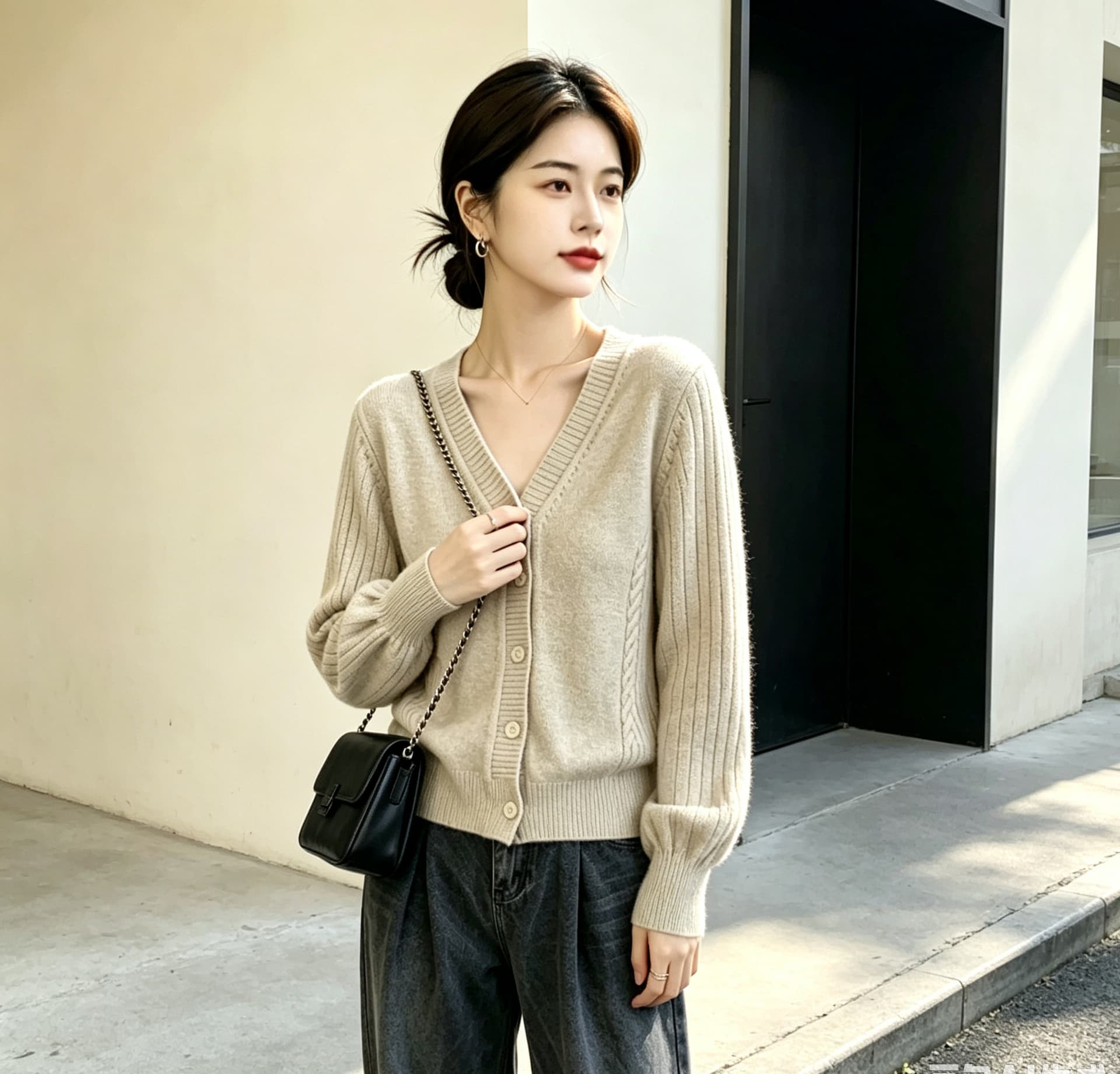 실사 빅 사이즈 여성 의류 미니멀리즘 레트로 V넥 싱글 줄 버튼 오픈 가디건 허리 수축 슬림해 보이는 가을 새로운 보온 스웨터 상세 이미지 15