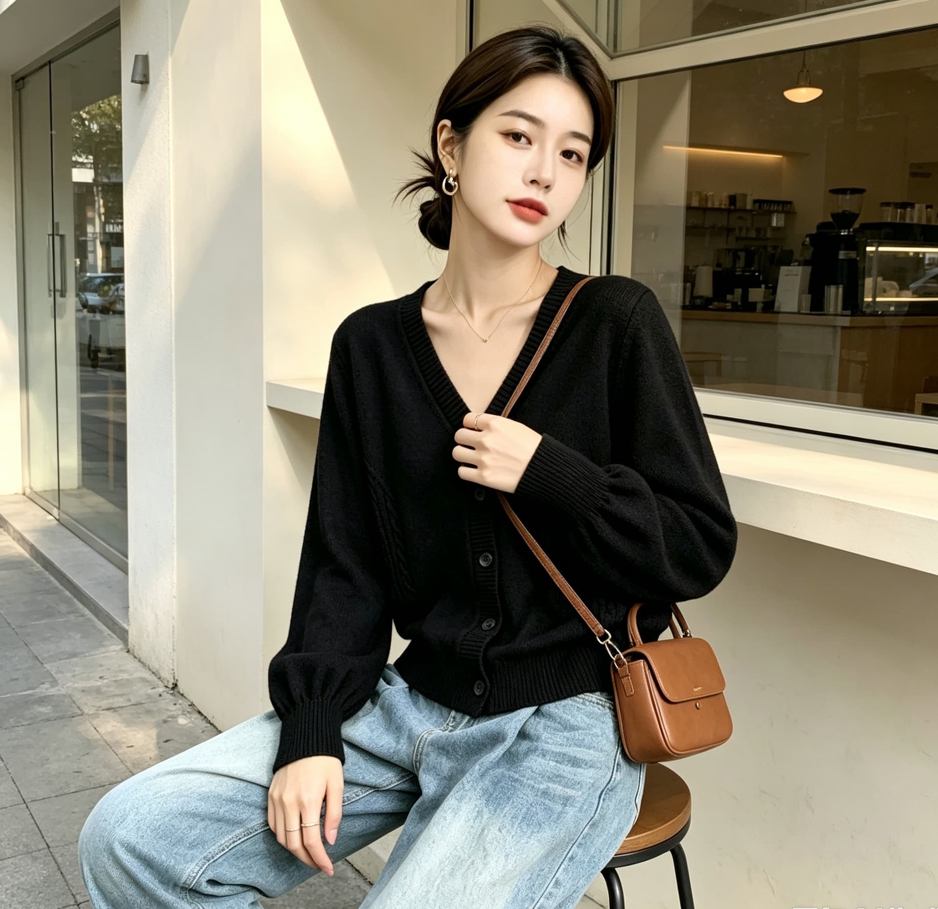 실사 빅 사이즈 여성 의류 미니멀리즘 레트로 V넥 싱글 줄 버튼 오픈 가디건 허리 수축 슬림해 보이는 가을 새로운 보온 스웨터 상세 이미지 24