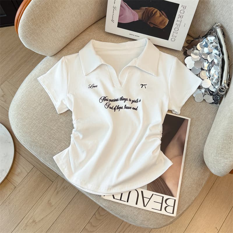 실사 여름 새로운 긍정적 인 어깨 허리 수축 POLO 칼라 반팔 티셔츠 여성 다용도 슬림해 보이는 달콤한 매운맛 바람 맨위 이미지 5