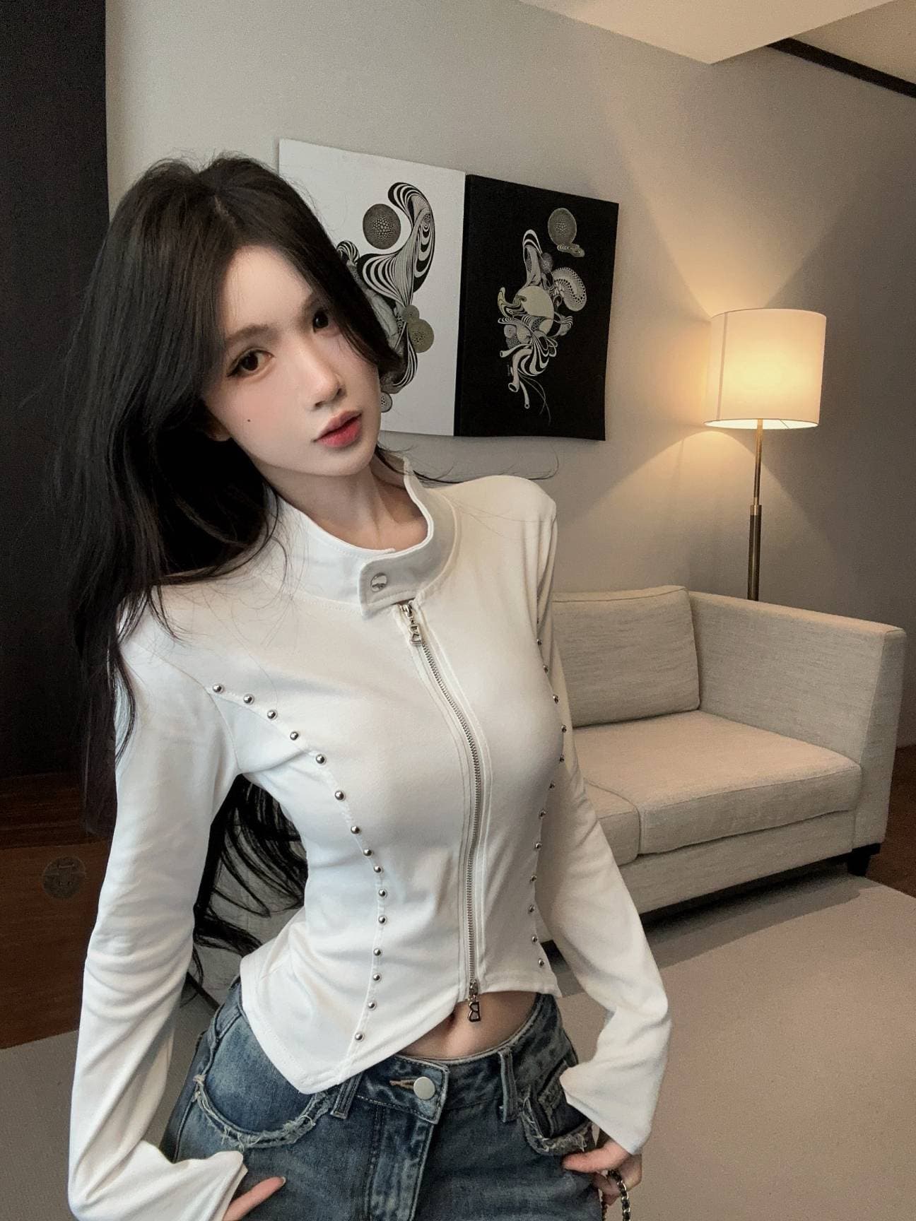 실사 새로운 디자인 센스 징 버클 몸매 가꾸기 Chic 오픈 가디건 허리 수축 더블 지퍼 쇼트 스타일 맨위 여성 상세 이미지 17