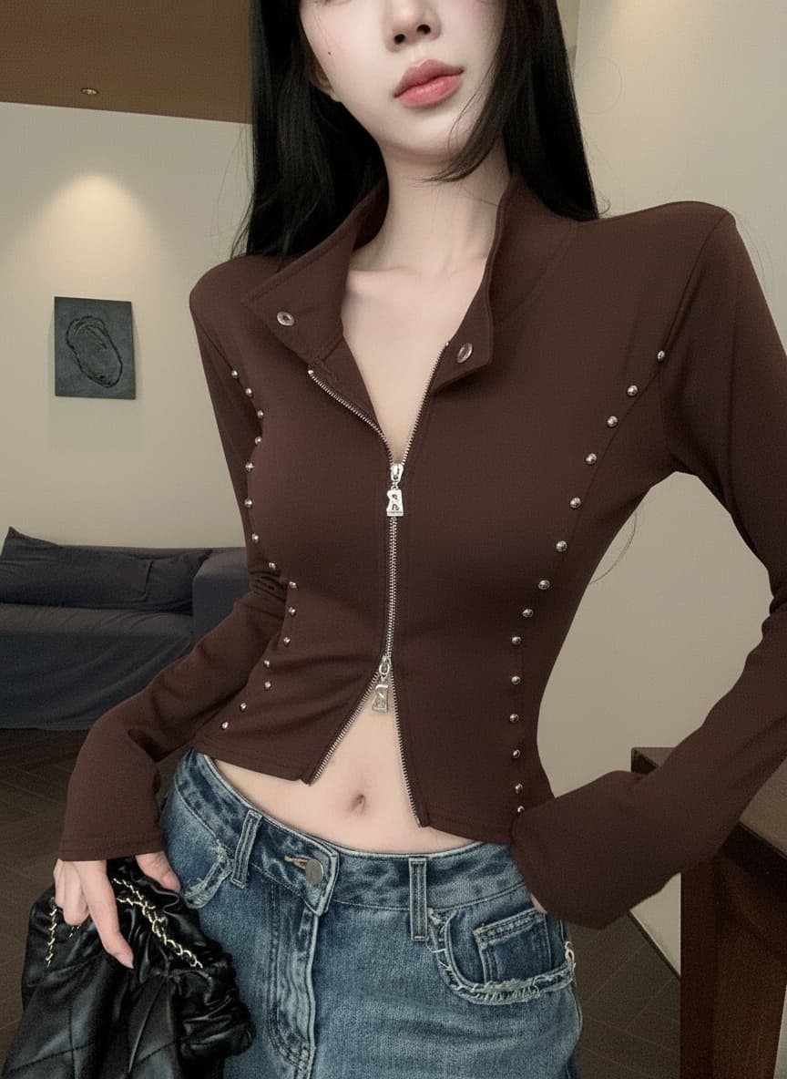 실사 새로운 디자인 센스 징 버클 몸매 가꾸기 Chic 오픈 가디건 허리 수축 더블 지퍼 쇼트 스타일 맨위 여성 이미지 4