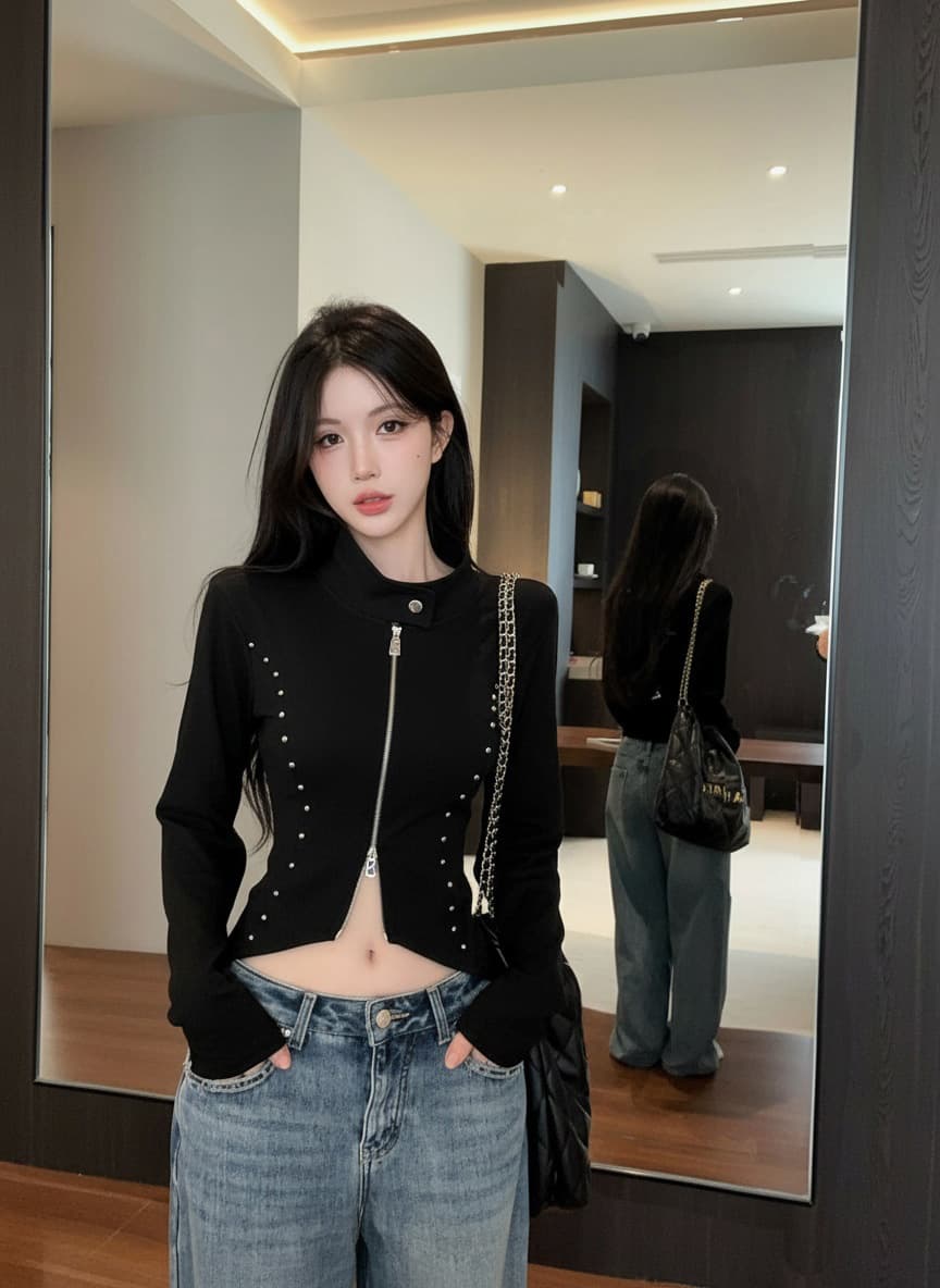 실사 새로운 디자인 센스 징 버클 몸매 가꾸기 Chic 오픈 가디건 허리 수축 더블 지퍼 쇼트 스타일 맨위 여성 상세 이미지 6