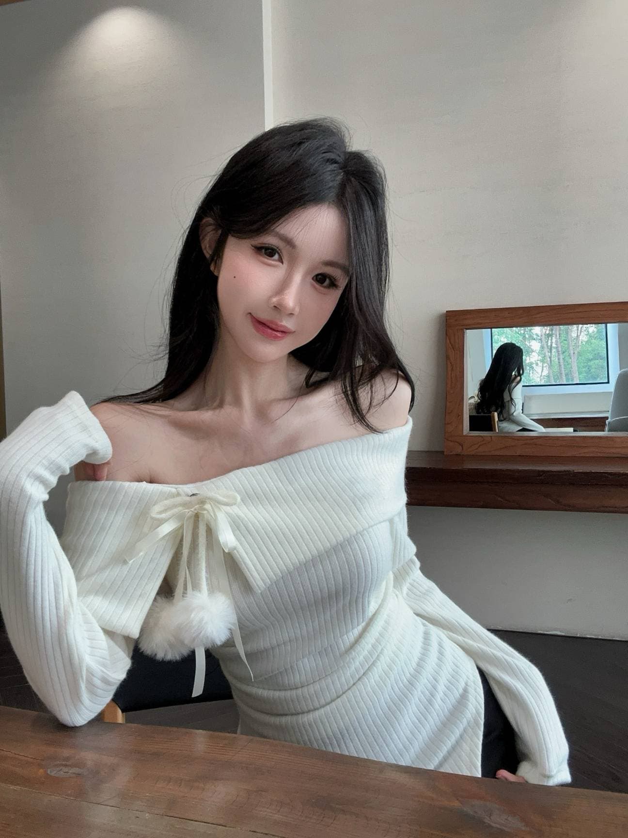 실사 새로운 순수한 욕망 핫걸 디자인 센스 불규칙 섹시함 오프숄더 나비 매듭 긴팔 맨위 여성 이미지 2