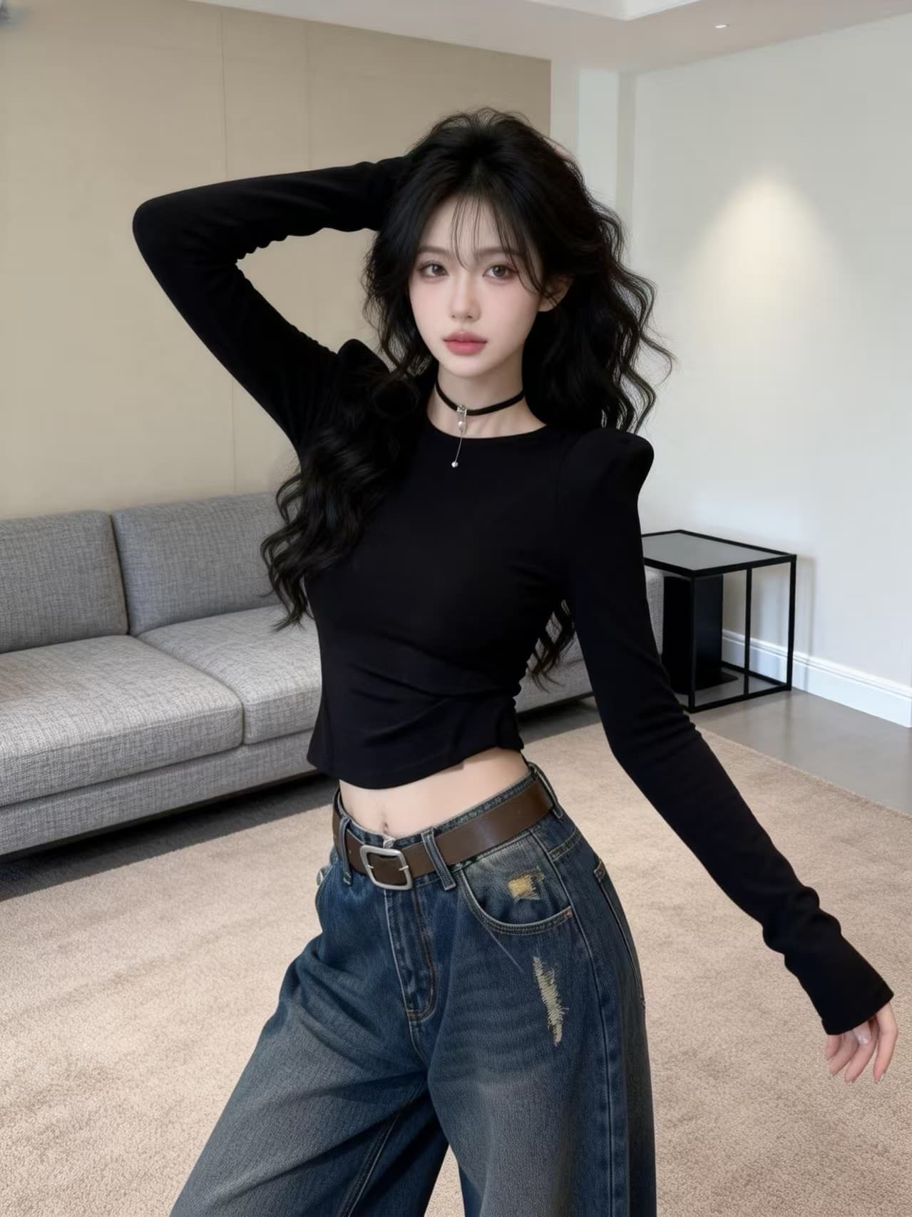 실사 새로운 순수한 욕망 바람 뒤로 망사 패치워크 디자인 센스 허리 수축 품격 맨위 여성 상세 이미지 4