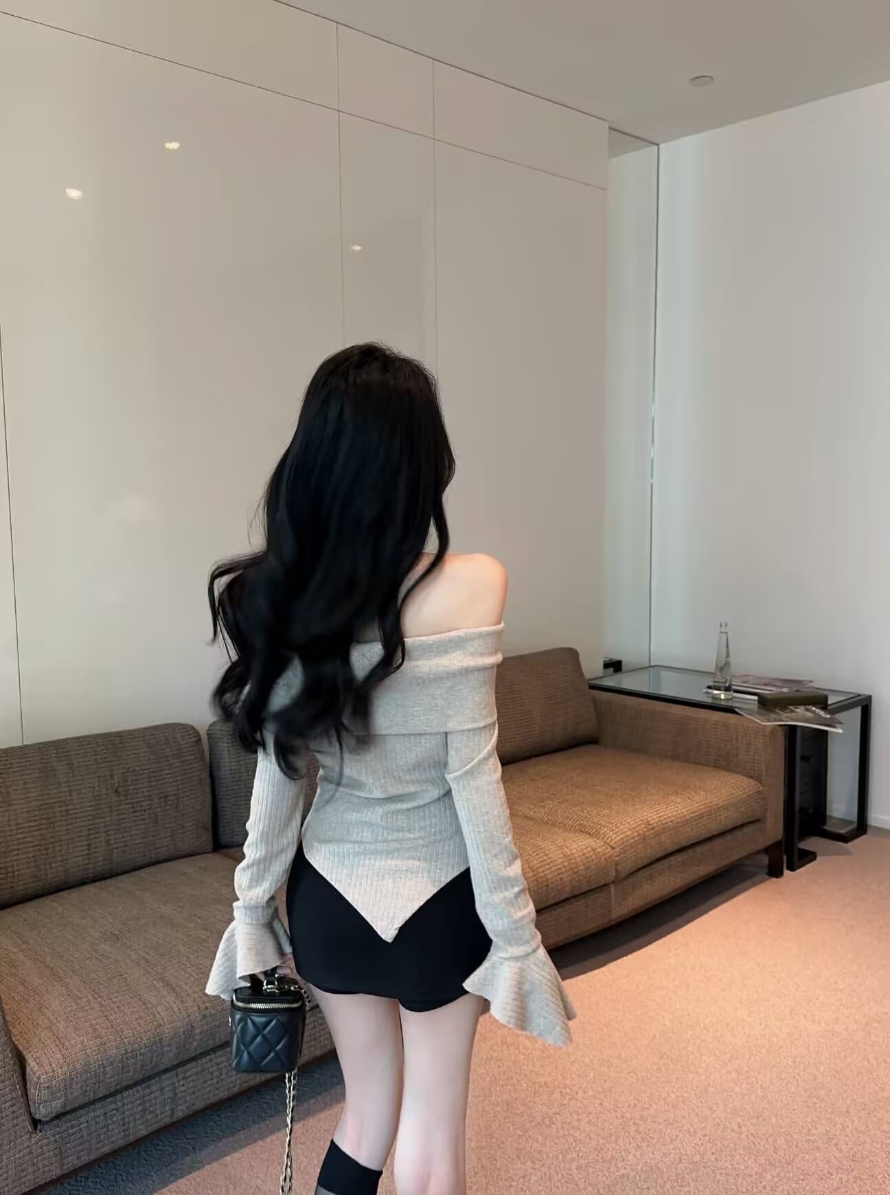 실사 새로운 순수한 욕망 핫걸 디자인 센스 불규칙 나비 패치워크 섹시함 오프숄더 나팔 소매 맨위 여성 상세 이미지 15