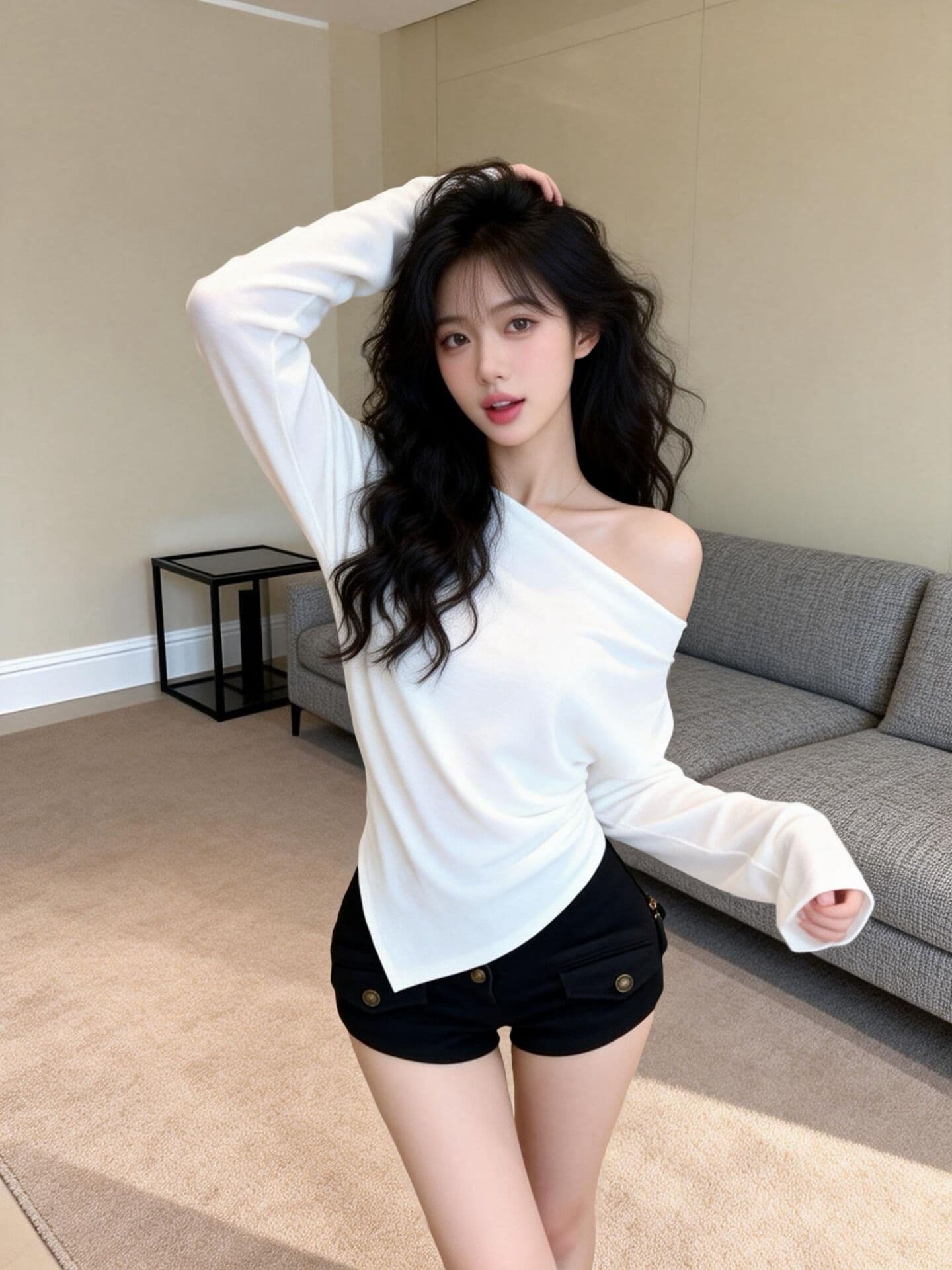 실사 봄 드레스 핫걸 순수한 욕망 바람 오프숄더 불규칙 작은 셔츠 여성 몸매 가꾸기 슬림해 보이는 맨위 만나는 상세 이미지 4