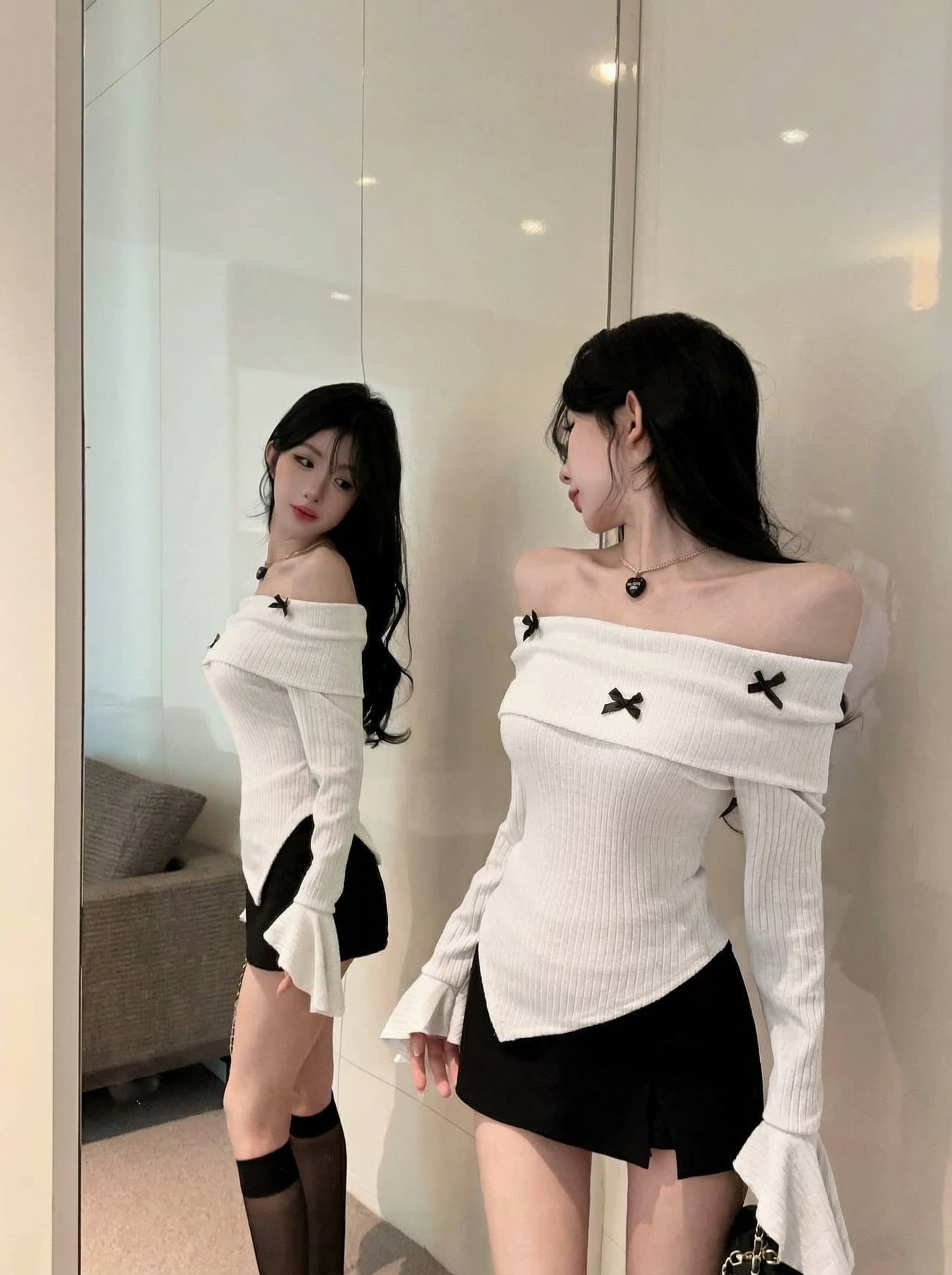 실사 새로운 순수한 욕망 핫걸 디자인 센스 불규칙 나비 패치워크 섹시함 오프숄더 나팔 소매 맨위 여성 상세 이미지 1