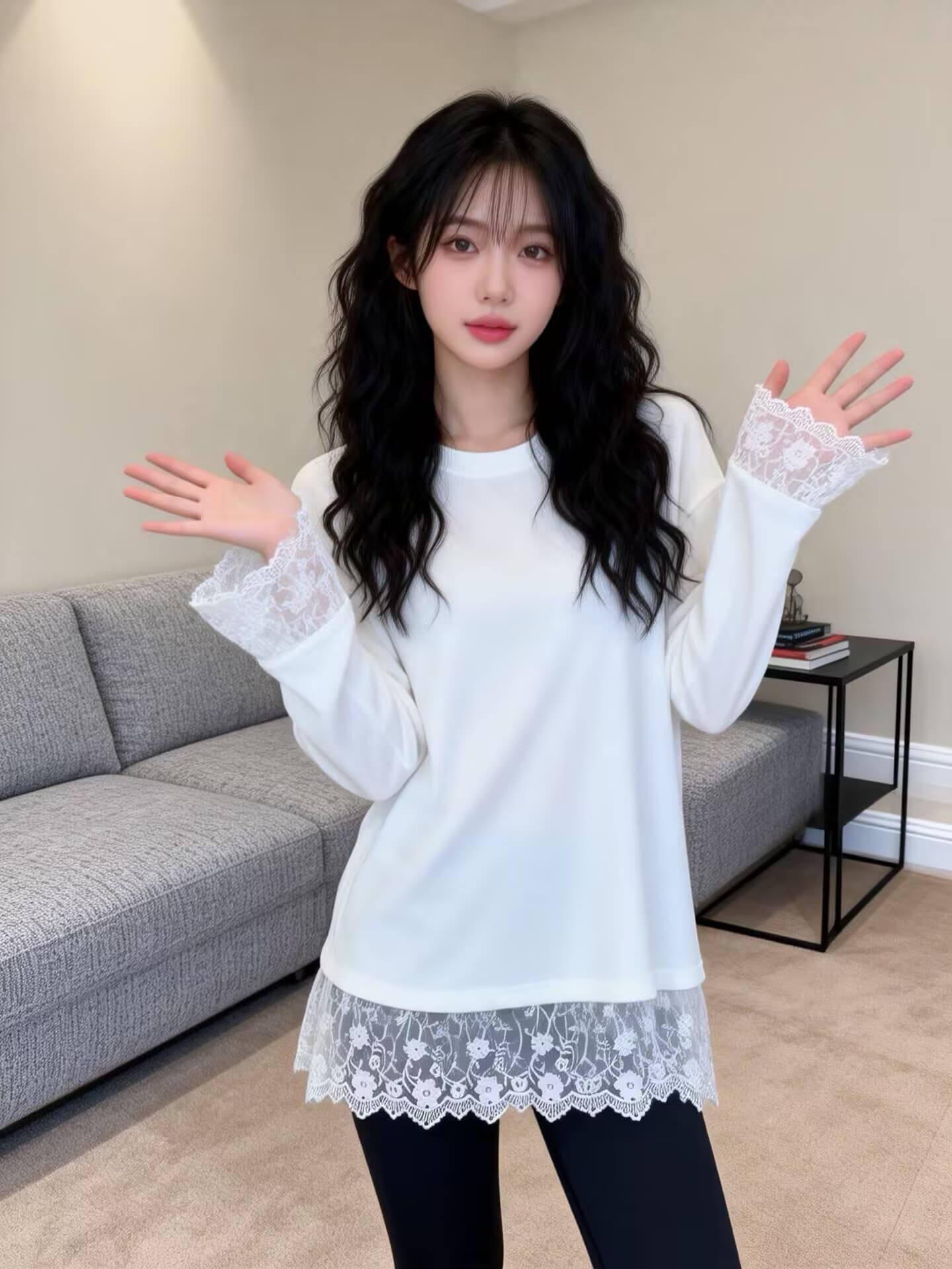 실사 봄 드레스 화이트 기본 셔츠 여성 인사이드 가져 가라. 루즈핏 표지 엉덩이 레이스 긴팔 티셔츠 맨위 ins 이미지 2