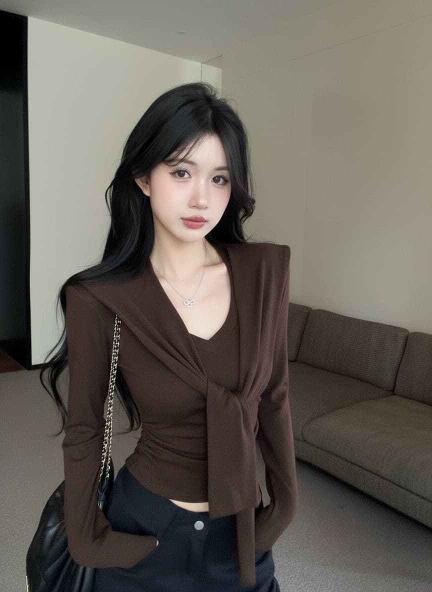 실사 새로운 핫걸 순수한 욕망 V 칼라 긴팔 몸매 가꾸기 디자인 허리 수축 품격 긍정적 인 어깨 의류 숄 여성 상세 이미지 6
