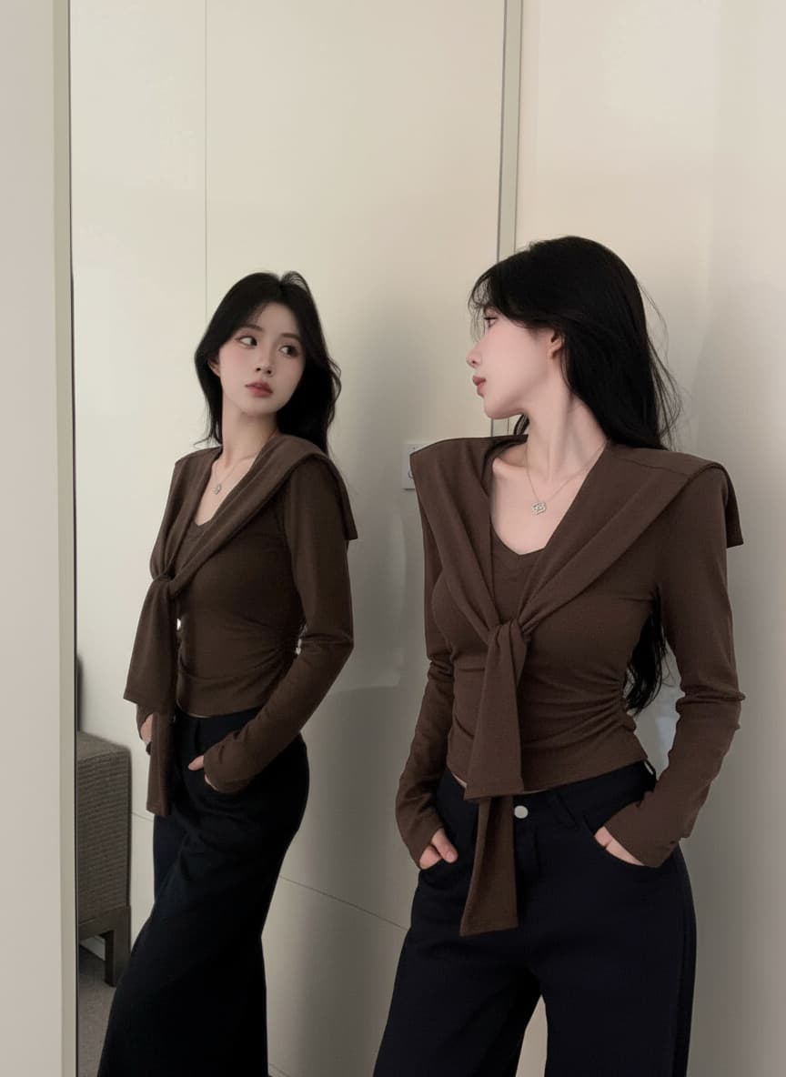 실사 새로운 핫걸 순수한 욕망 V 칼라 긴팔 몸매 가꾸기 디자인 허리 수축 품격 긍정적 인 어깨 의류 숄 여성 상세 이미지 8
