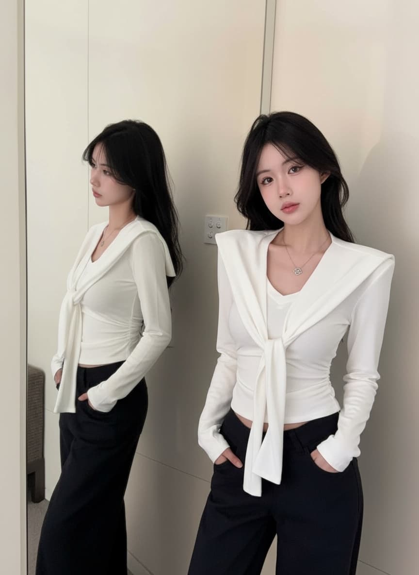 실사 새로운 핫걸 순수한 욕망 V 칼라 긴팔 몸매 가꾸기 디자인 허리 수축 품격 긍정적 인 어깨 의류 숄 여성 상세 이미지 9