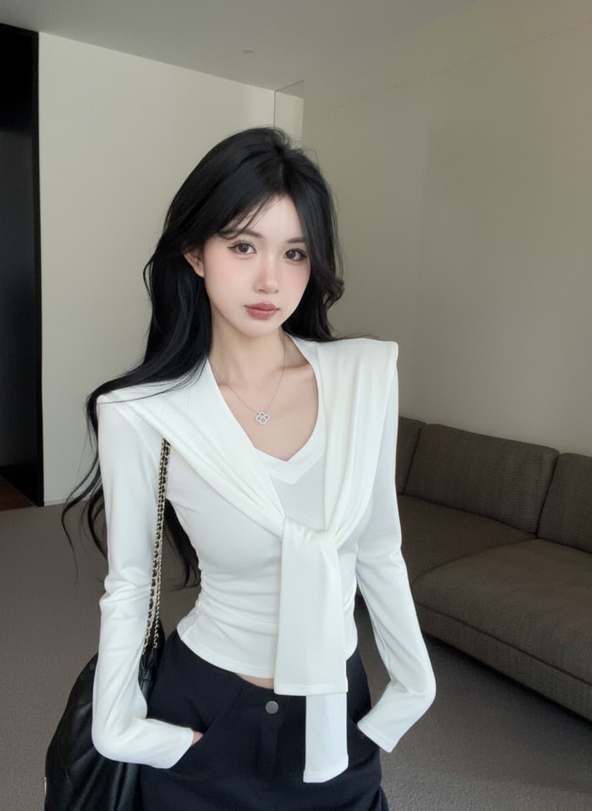 실사 새로운 핫걸 순수한 욕망 V 칼라 긴팔 몸매 가꾸기 디자인 허리 수축 품격 긍정적 인 어깨 의류 숄 여성 상세 이미지 10