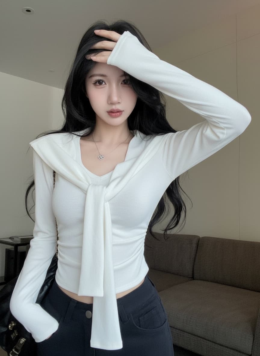 실사 새로운 핫걸 순수한 욕망 V 칼라 긴팔 몸매 가꾸기 디자인 허리 수축 품격 긍정적 인 어깨 의류 숄 여성 상세 이미지 11