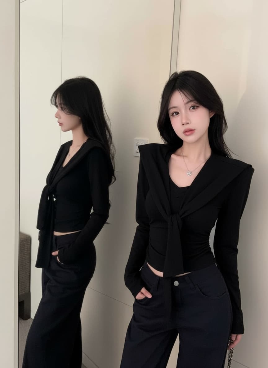 실사 새로운 핫걸 순수한 욕망 V 칼라 긴팔 몸매 가꾸기 디자인 허리 수축 품격 긍정적 인 어깨 의류 숄 여성 상세 이미지 14