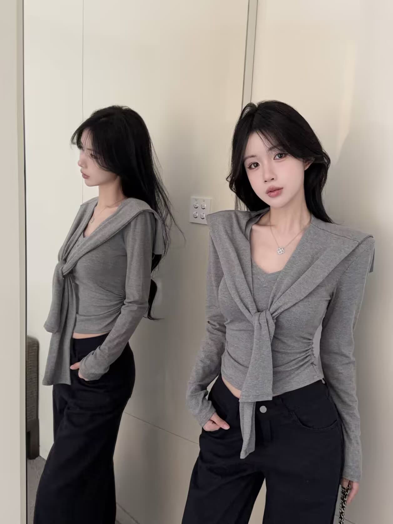 실사 새로운 핫걸 순수한 욕망 V 칼라 긴팔 몸매 가꾸기 디자인 허리 수축 품격 긍정적 인 어깨 의류 숄 여성 상세 이미지 18