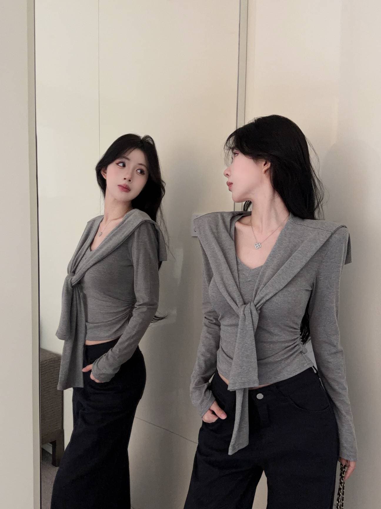 실사 새로운 핫걸 순수한 욕망 V 칼라 긴팔 몸매 가꾸기 디자인 허리 수축 품격 긍정적 인 어깨 의류 숄 여성 상세 이미지 23