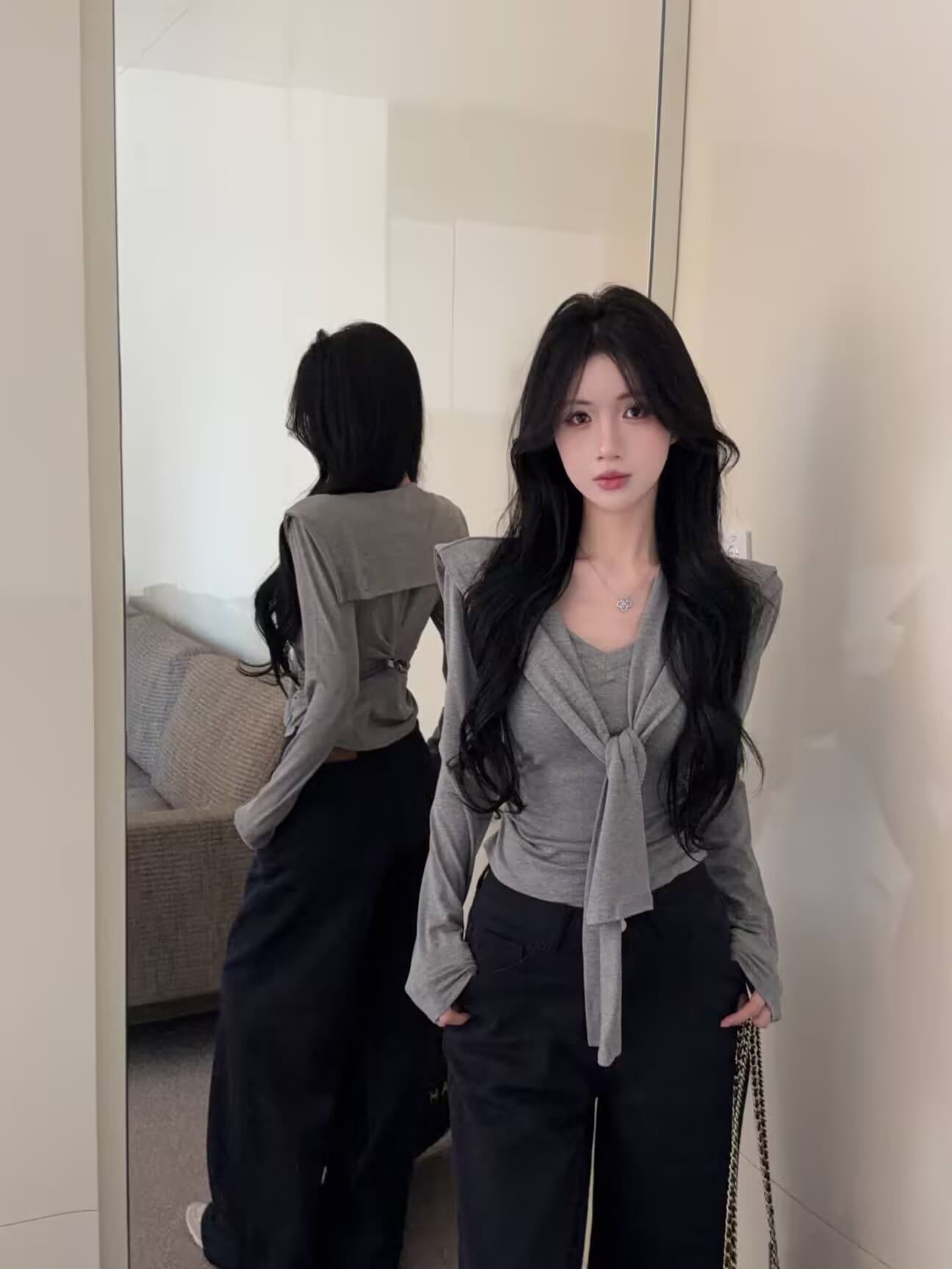 실사 새로운 핫걸 순수한 욕망 V 칼라 긴팔 몸매 가꾸기 디자인 허리 수축 품격 긍정적 인 어깨 의류 숄 여성 상세 이미지 24