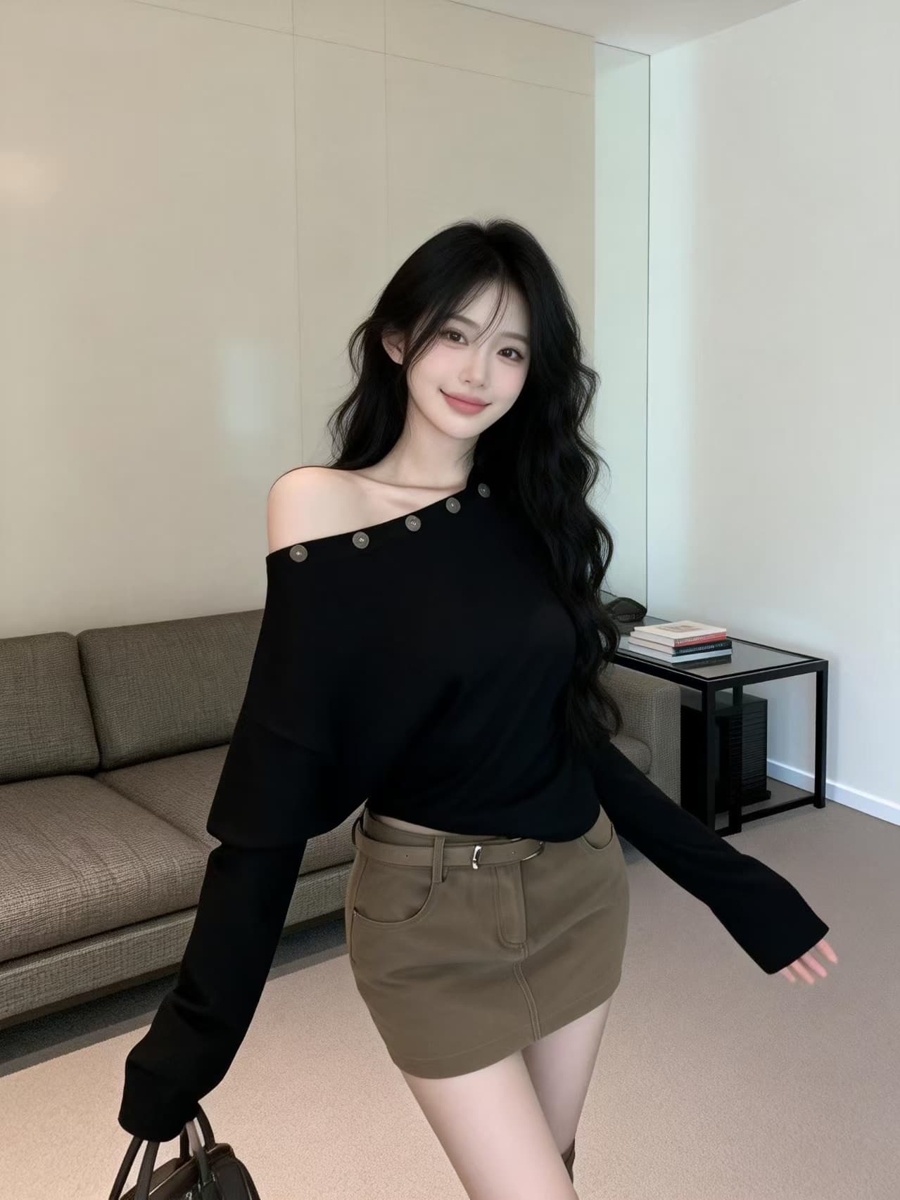 실사 봄 못 버클 디자인 허리 수축 품격 비스듬한 어깨 불규칙 긴팔 기본 셔츠 맨위 여성 상세 이미지 18