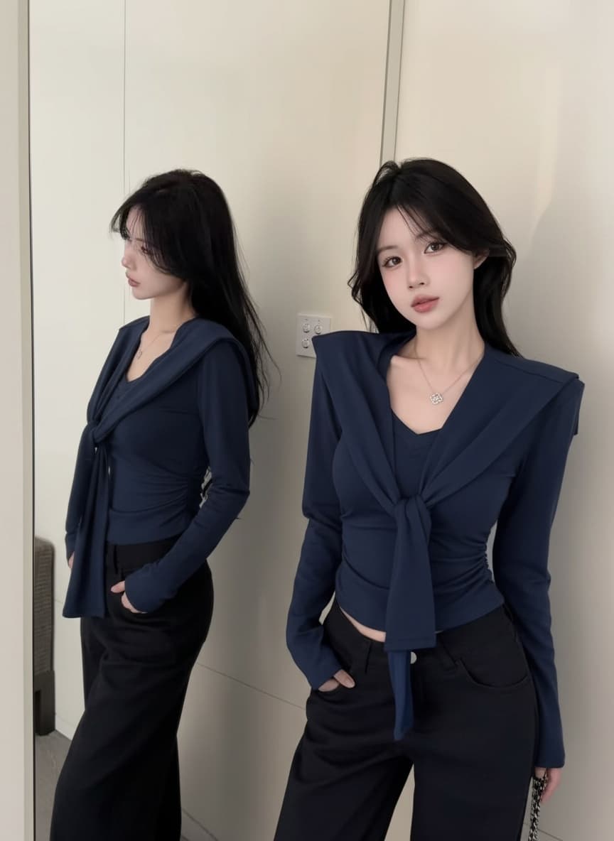 실사 새로운 핫걸 순수한 욕망 V 칼라 긴팔 몸매 가꾸기 디자인 허리 수축 품격 긍정적 인 어깨 의류 숄 여성 상세 이미지 1