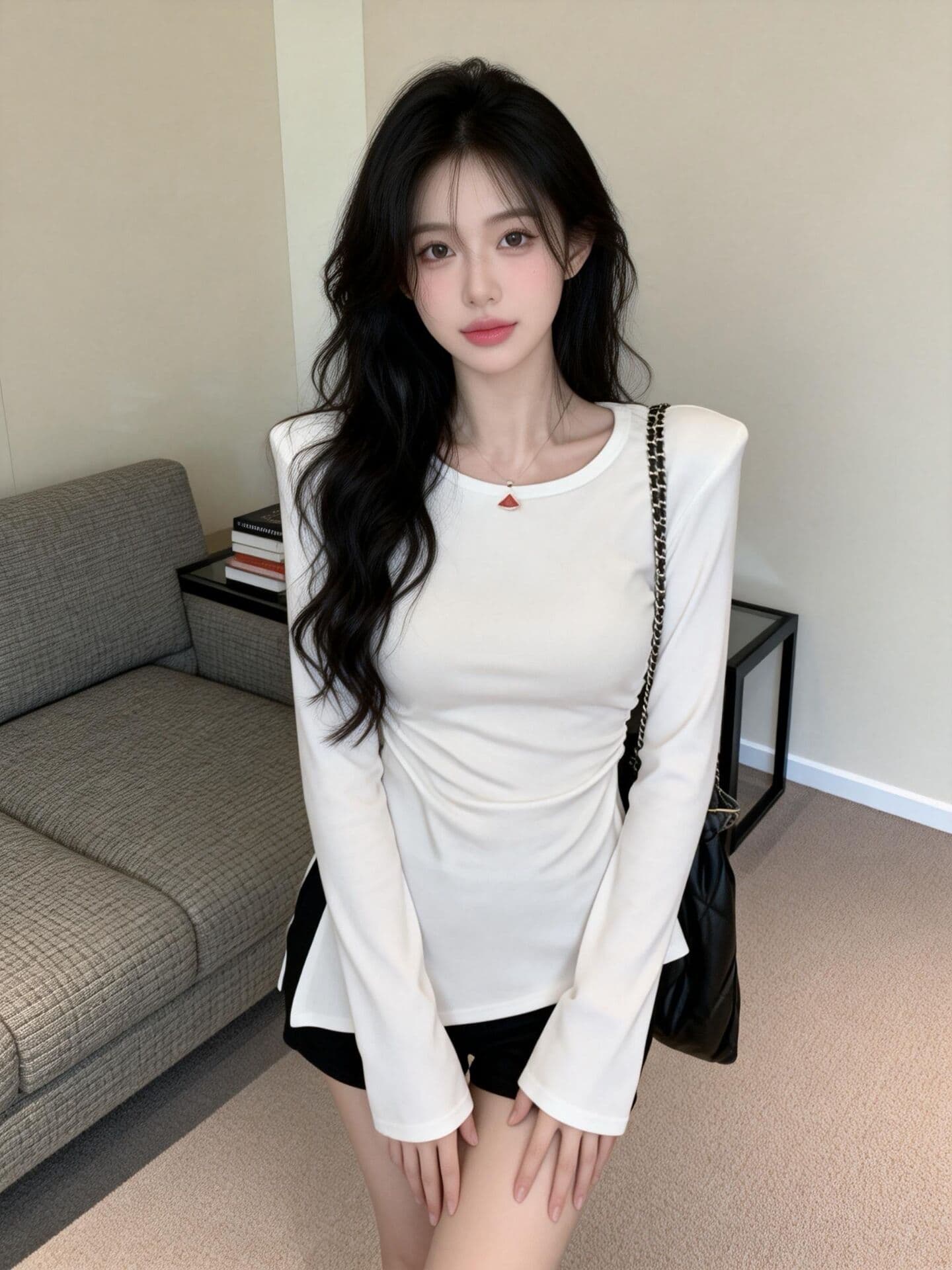 실사 봄 드레스 핫걸 불규칙 측면 트임 몸매 가꾸기 슬림해 보이는 단색 라운드 넥 긍정적 인 어깨 티셔츠 여성 상세 이미지 7