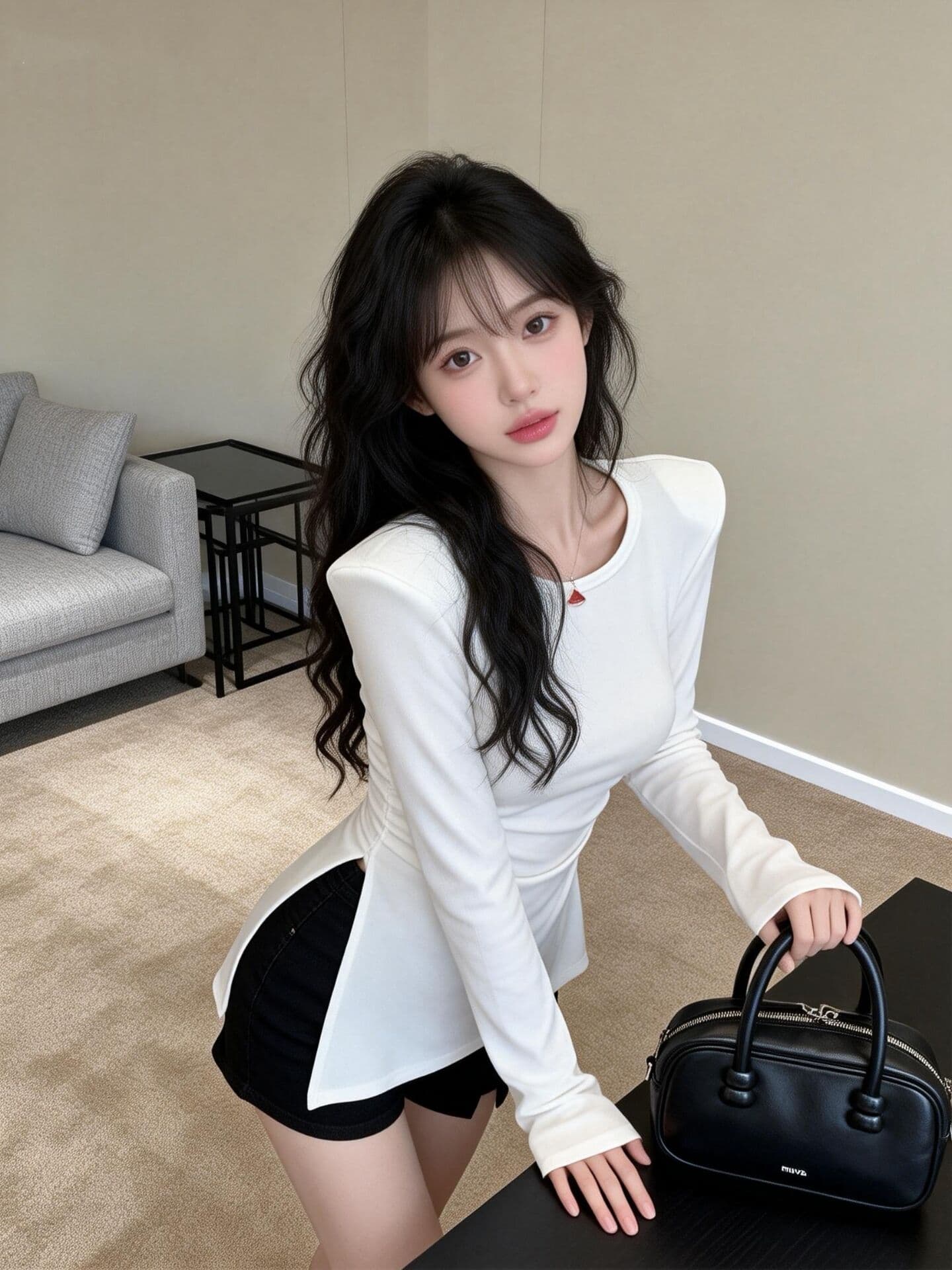 실사 봄 드레스 핫걸 불규칙 측면 트임 몸매 가꾸기 슬림해 보이는 단색 라운드 넥 긍정적 인 어깨 티셔츠 여성 이미지 2