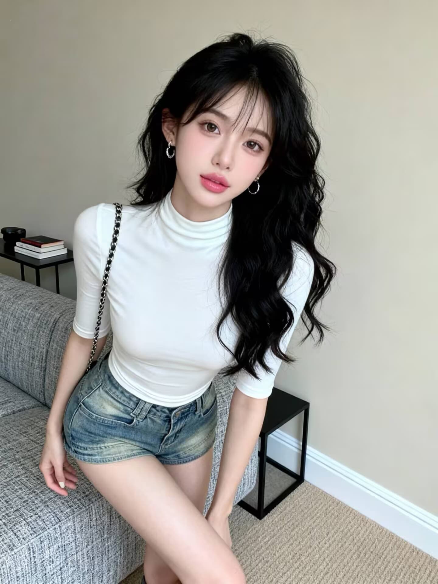 실사 봄 핫걸 순수한 욕망 반하이넥 중간 소매 몸매 가꾸기 디자인 허리 수축 품격 긍정적 인 어깨 의류 여성 상세 이미지 1