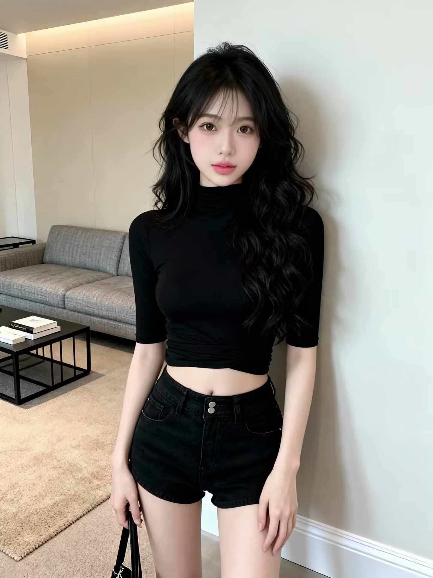 실사 봄 핫걸 순수한 욕망 반하이넥 중간 소매 몸매 가꾸기 디자인 허리 수축 품격 긍정적 인 어깨 의류 여성 상세 이미지 6