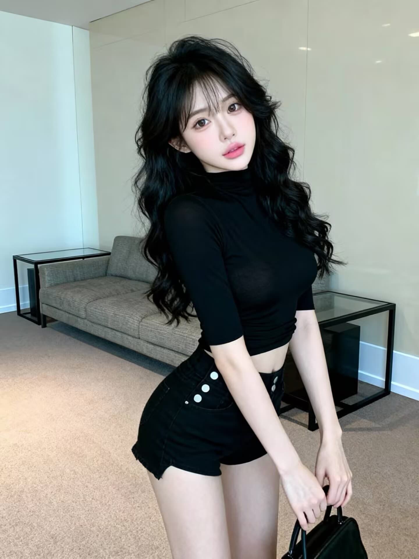 실사 봄 핫걸 순수한 욕망 반하이넥 중간 소매 몸매 가꾸기 디자인 허리 수축 품격 긍정적 인 어깨 의류 여성 상세 이미지 7