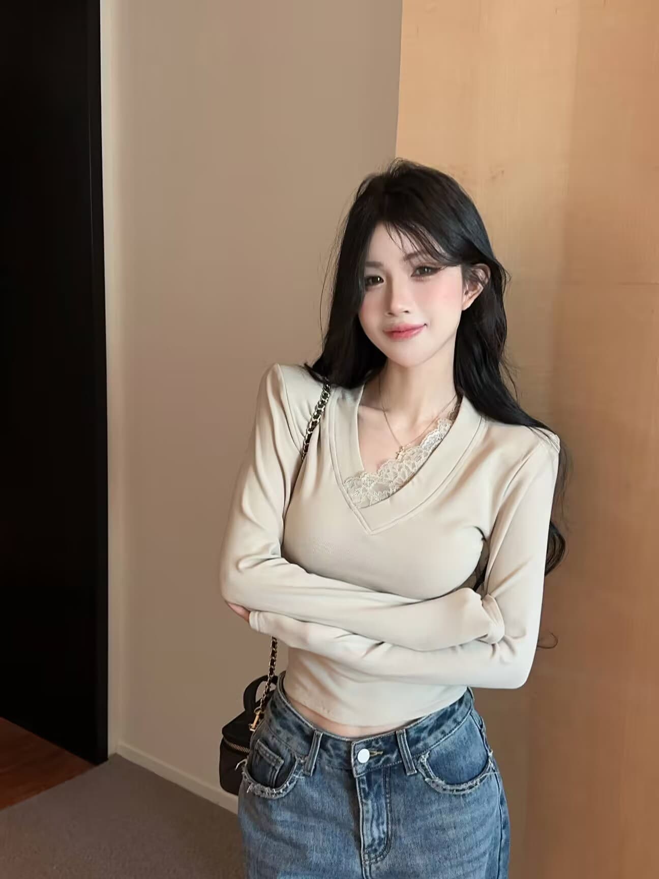 실사 봄 핫걸 순수한 욕망 V 칼라 패치워크 레이스 긴팔 몸매 가꾸기 디자인 허리 수축 품격 긍정적 인 어깨 의류 여성 상세 이미지 16