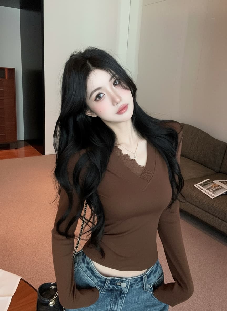 실사 봄 핫걸 순수한 욕망 V 칼라 패치워크 레이스 긴팔 몸매 가꾸기 디자인 허리 수축 품격 긍정적 인 어깨 의류 여성 이미지 4