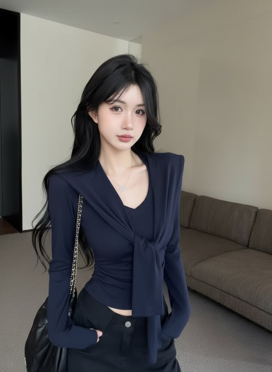 실사 새로운 핫걸 순수한 욕망 V 칼라 긴팔 몸매 가꾸기 디자인 허리 수축 품격 긍정적 인 어깨 의류 숄 여성