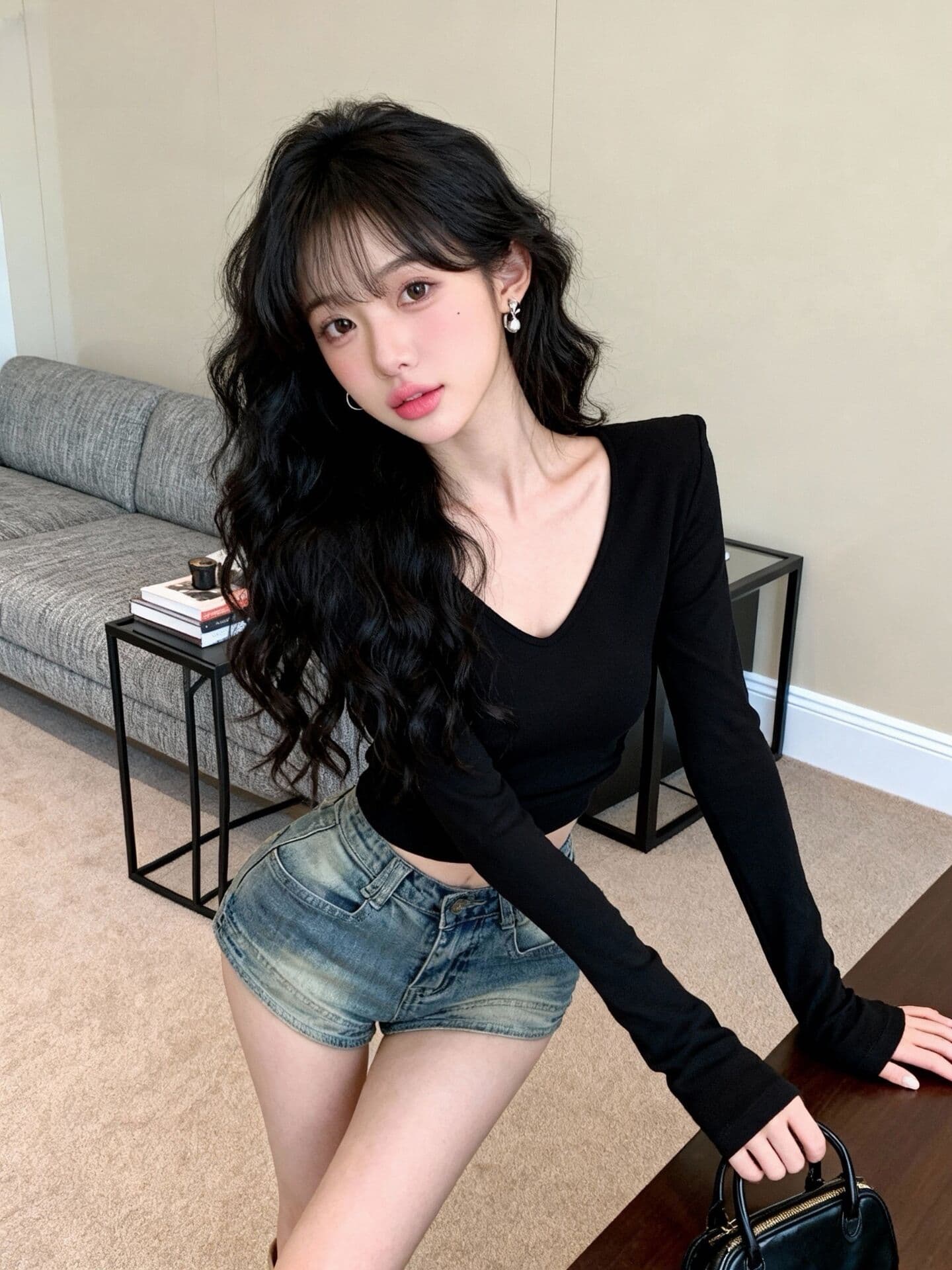 실사 봄 핫걸 바람 V넥 신축성 몸매 가꾸기 쇼트 스타일 인사이드 가져 가라. 어깨 패드 기본 셔츠 긴팔 외출용 심장 기계 티셔츠 이미지 4