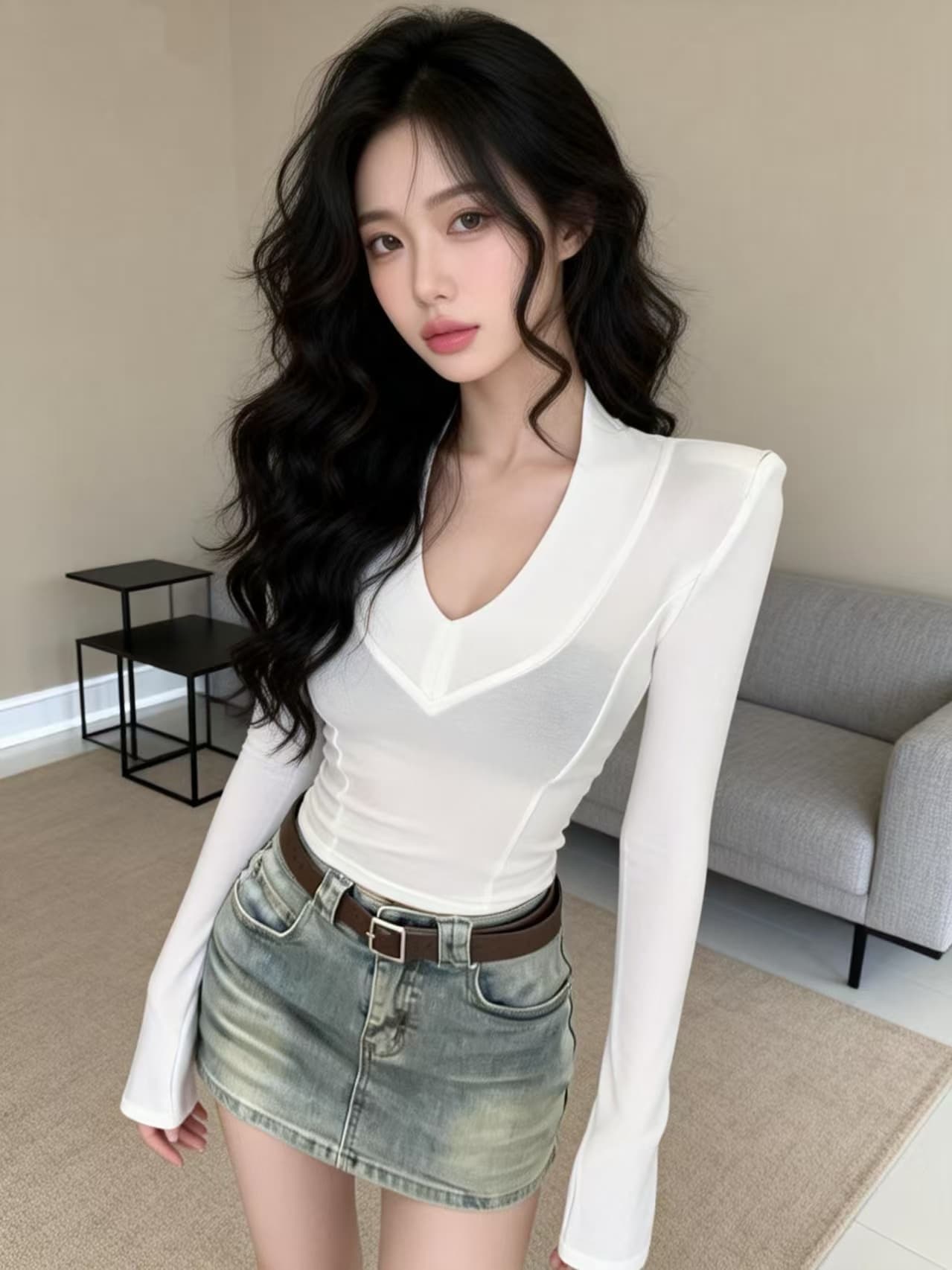 실사 봄 섹시함 순수한 욕망 V넥 순면 허리 수축 슬림해 보이는 다용도 어깨 패드 맨위 티셔츠 여성 상세 이미지 2