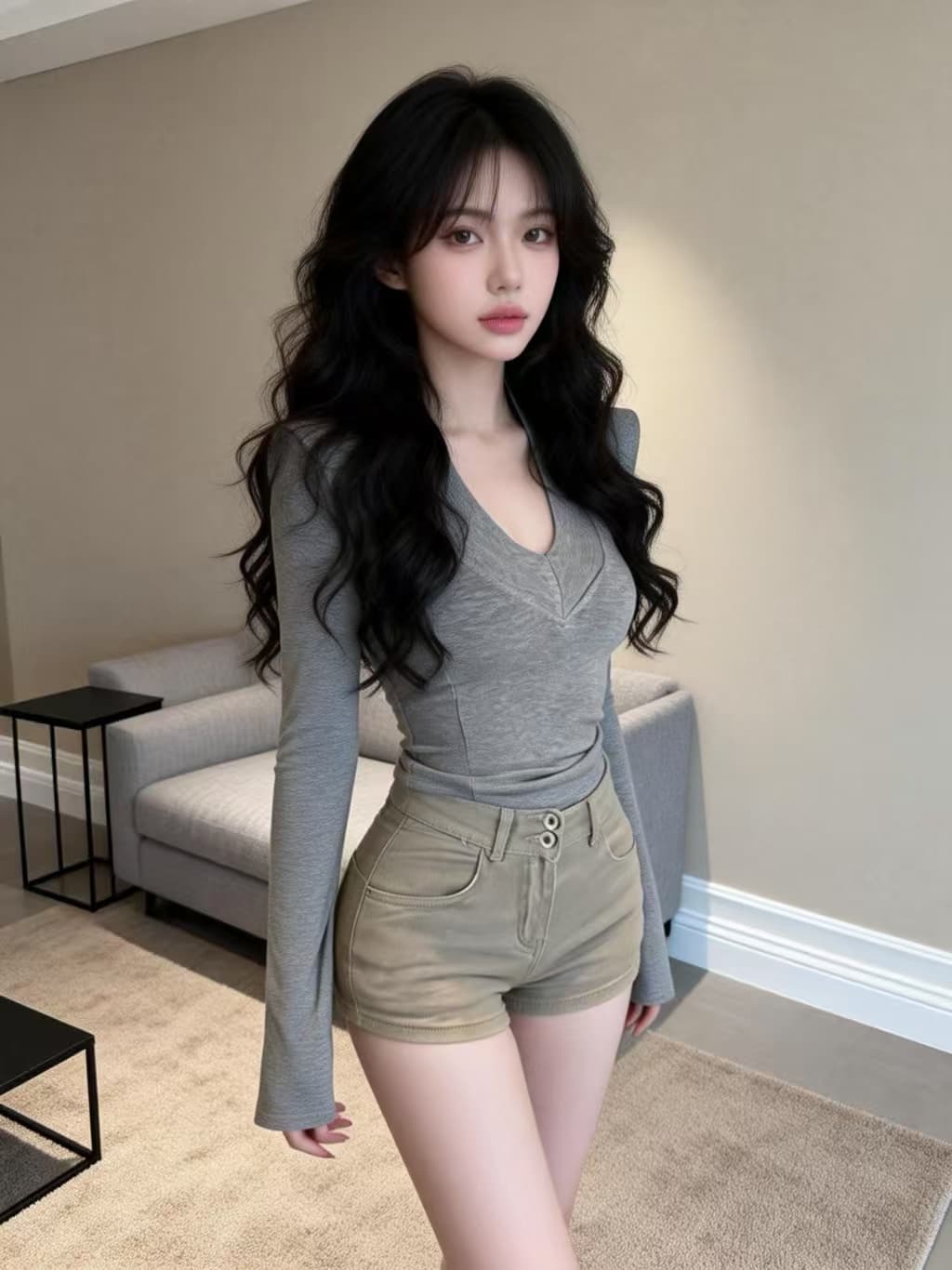 실사 봄 섹시함 순수한 욕망 V넥 순면 허리 수축 슬림해 보이는 다용도 어깨 패드 맨위 티셔츠 여성 상세 이미지 10