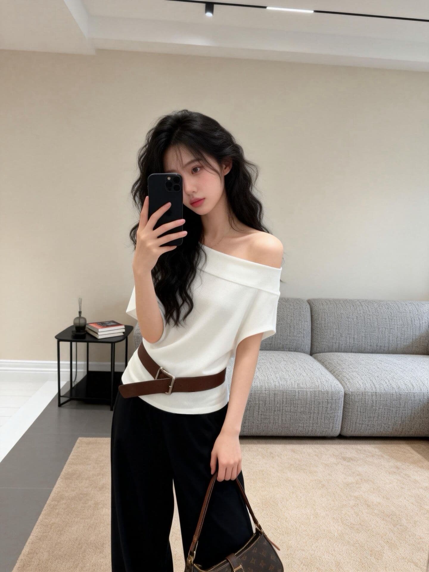 실사 새로운 순수한 욕망 디자인 센스 오프숄더 루즈핏 허리 수축 슬림해 보이는 맨위 벨트 투피스 세트 상세 이미지 2