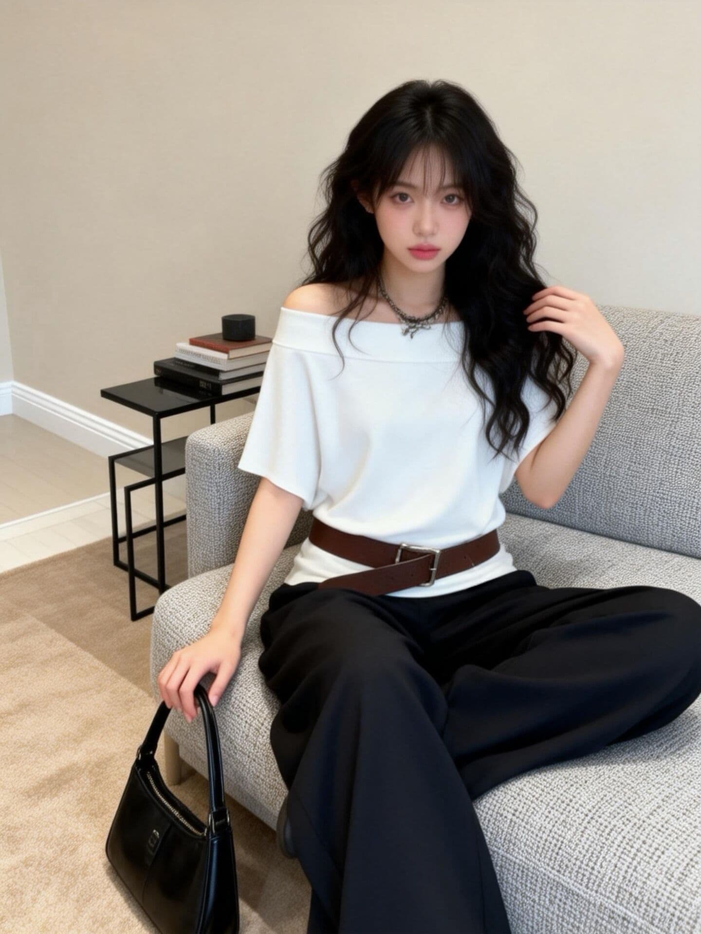 실사 새로운 순수한 욕망 디자인 센스 오프숄더 루즈핏 허리 수축 슬림해 보이는 맨위 벨트 투피스 세트 상세 이미지 1