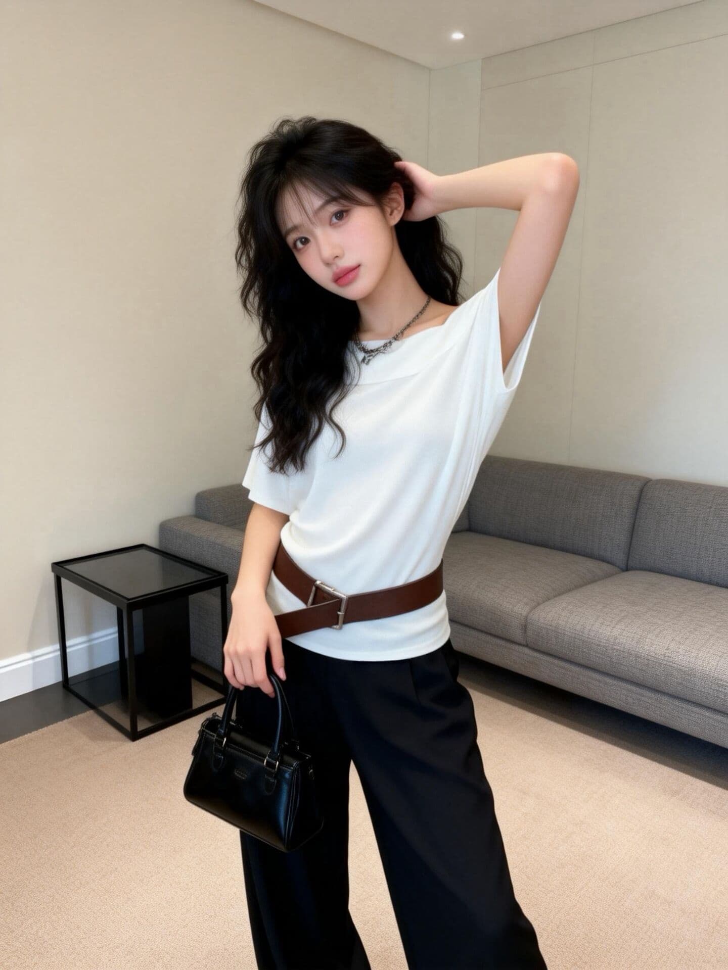 실사 새로운 순수한 욕망 디자인 센스 오프숄더 루즈핏 허리 수축 슬림해 보이는 맨위 벨트 투피스 세트 이미지 2