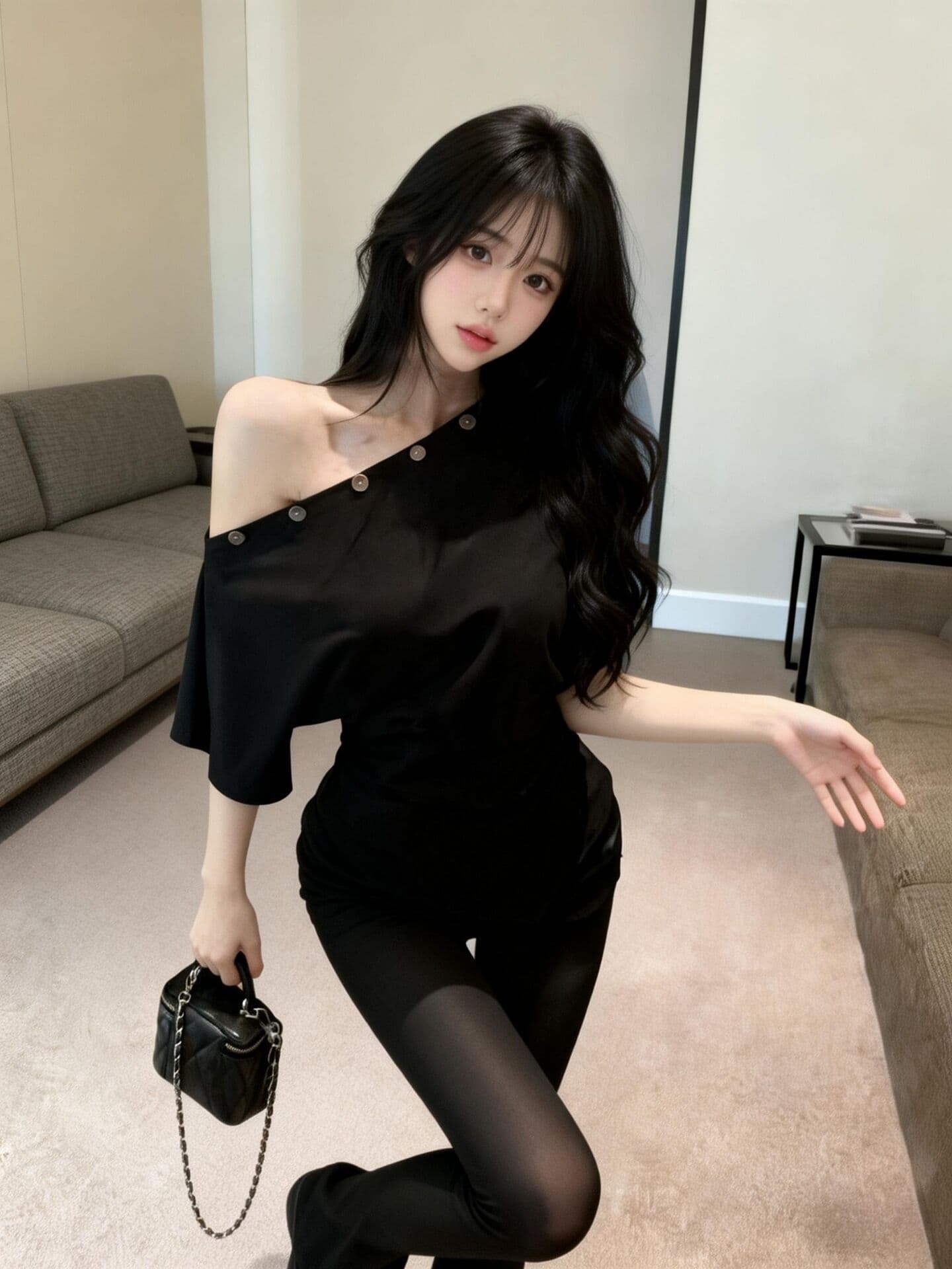 실사 새로운 디자인 센스 허리 수축 품격 못 버클 비스듬한 어깨 불규칙 반팔 기본 셔츠 맨위 여성 상세 이미지 6