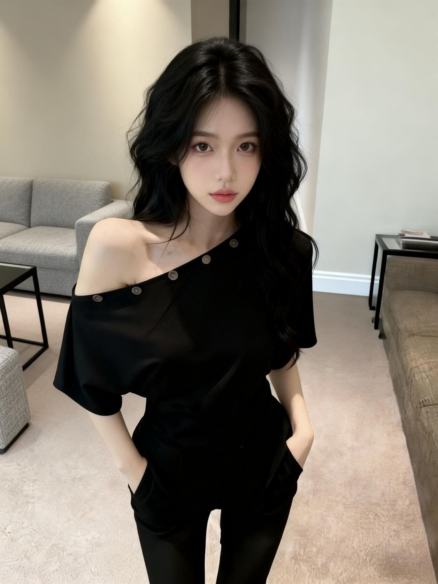 실사 새로운 디자인 센스 허리 수축 품격 못 버클 비스듬한 어깨 불규칙 반팔 기본 셔츠 맨위 여성 상세 이미지 7