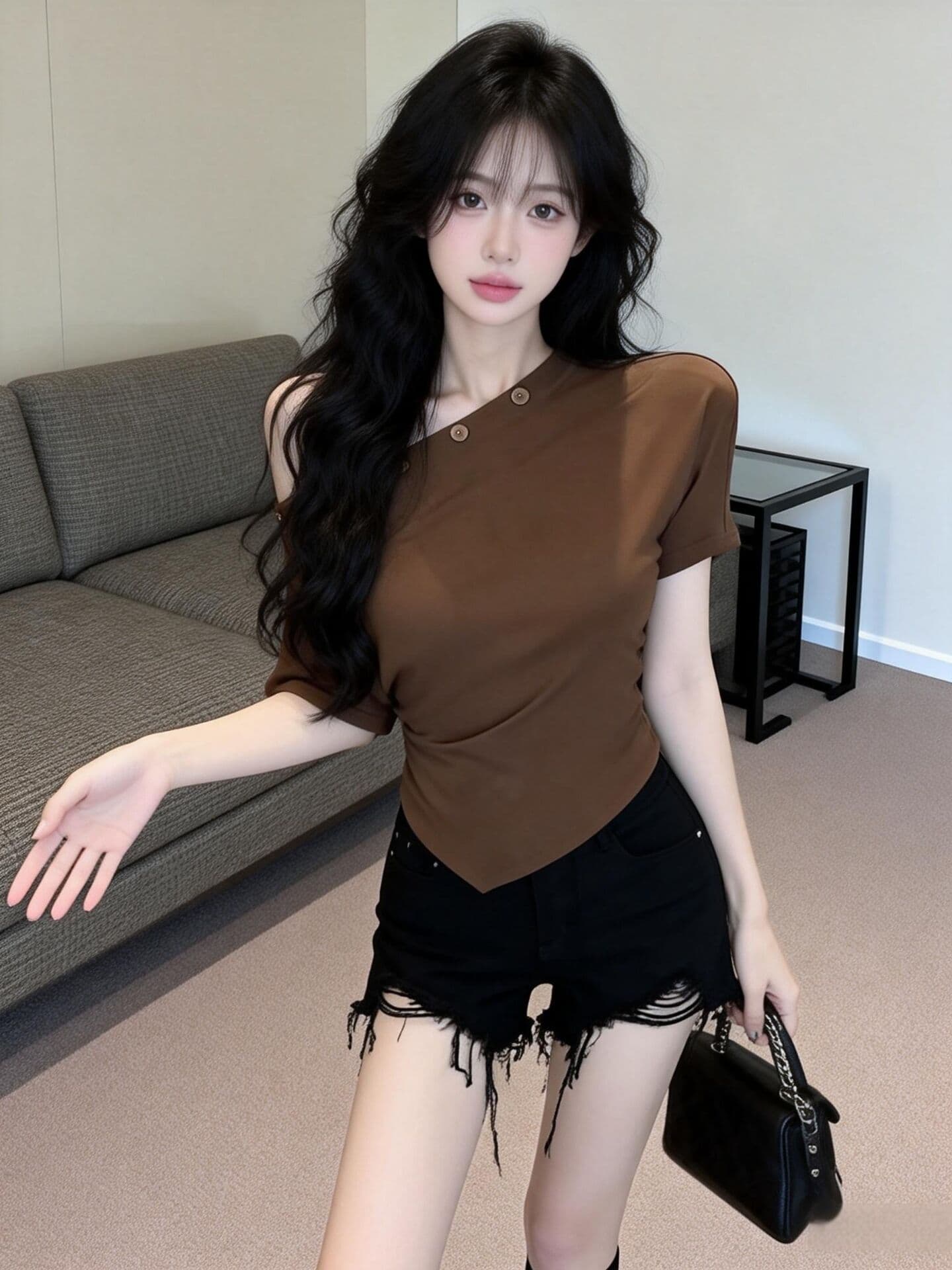 실사 새로운 디자인 센스 허리 수축 품격 못 버클 비스듬한 어깨 불규칙 반팔 기본 셔츠 맨위 여성 상세 이미지 12