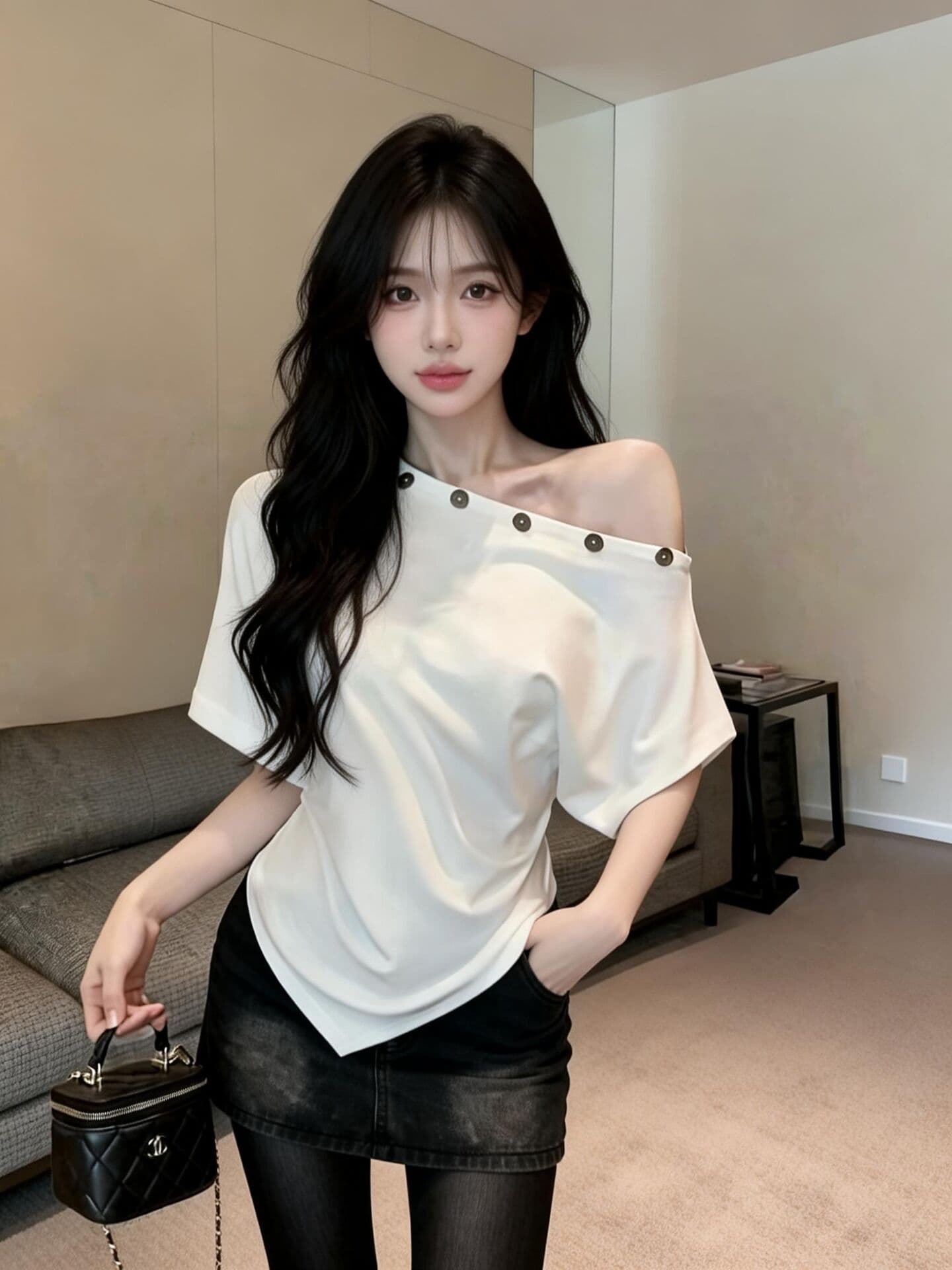 실사 새로운 디자인 센스 허리 수축 품격 못 버클 비스듬한 어깨 불규칙 반팔 기본 셔츠 맨위 여성 상세 이미지 15