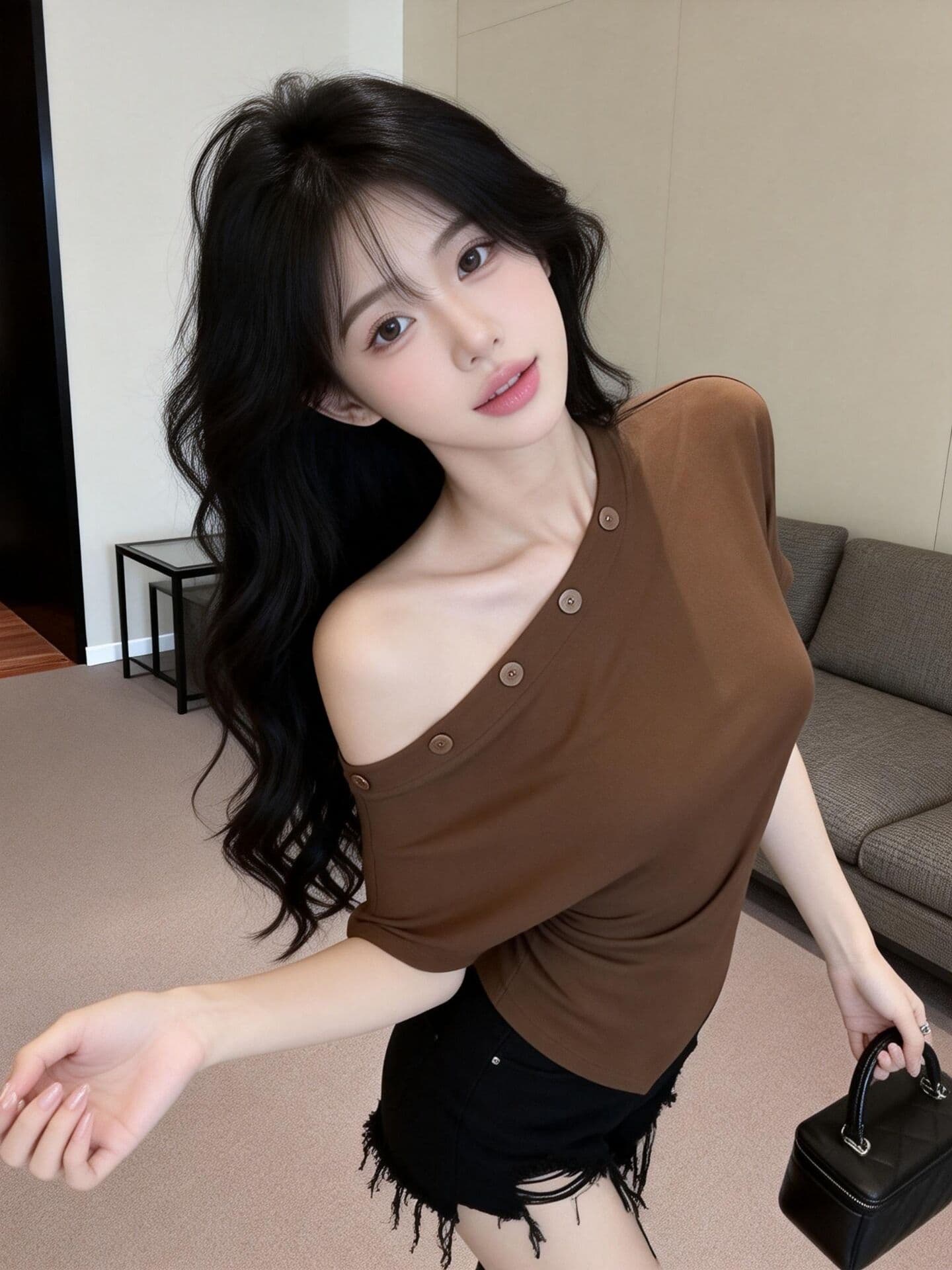 실사 새로운 디자인 센스 허리 수축 품격 못 버클 비스듬한 어깨 불규칙 반팔 기본 셔츠 맨위 여성 상세 이미지 17
