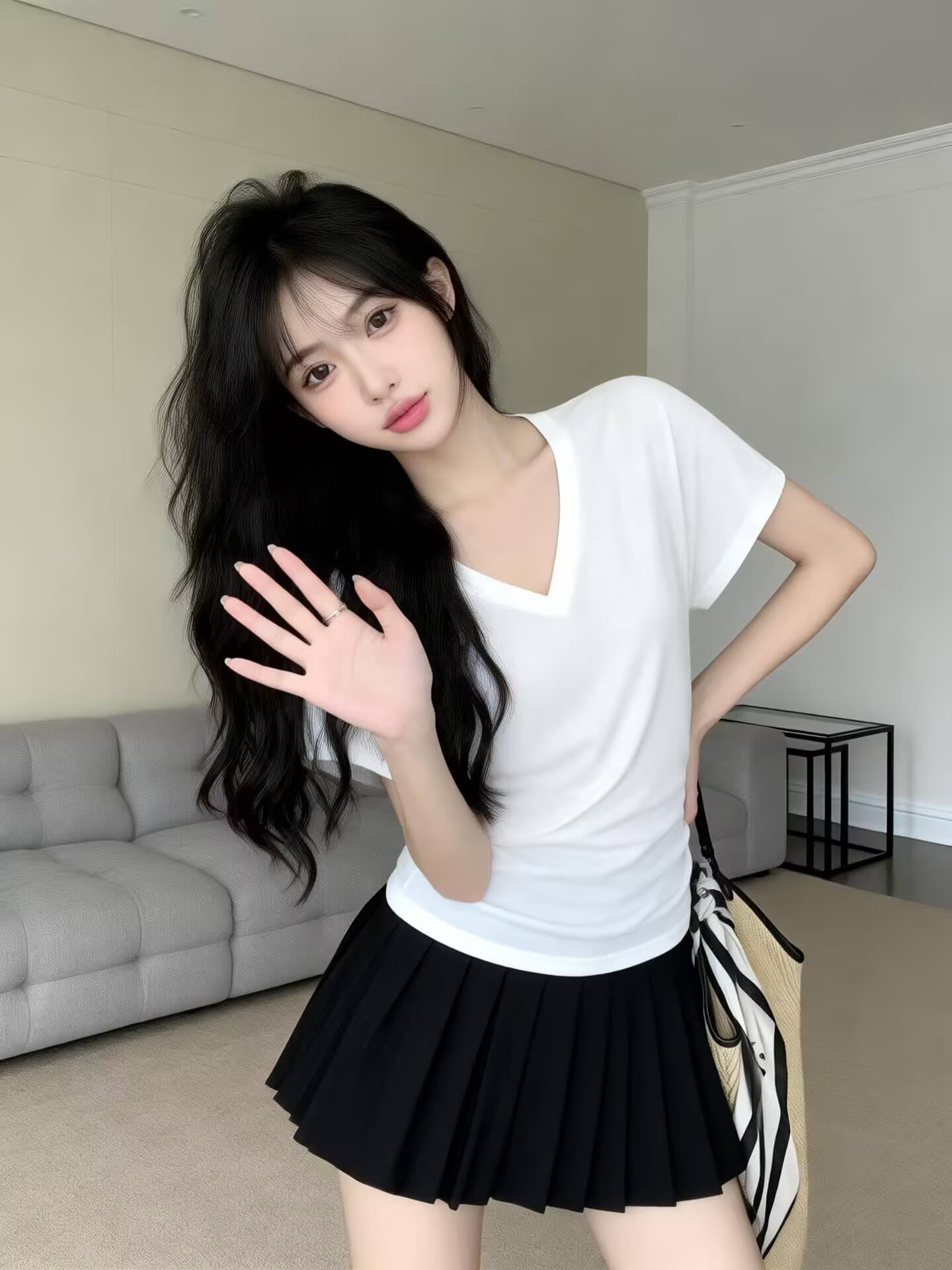 실사 새로운 핫걸 순수한 욕망 V 칼라 루즈핏 반팔 주름 디자인 허리 수축 품격 긍정적 인 어깨 의류 상세 이미지 15