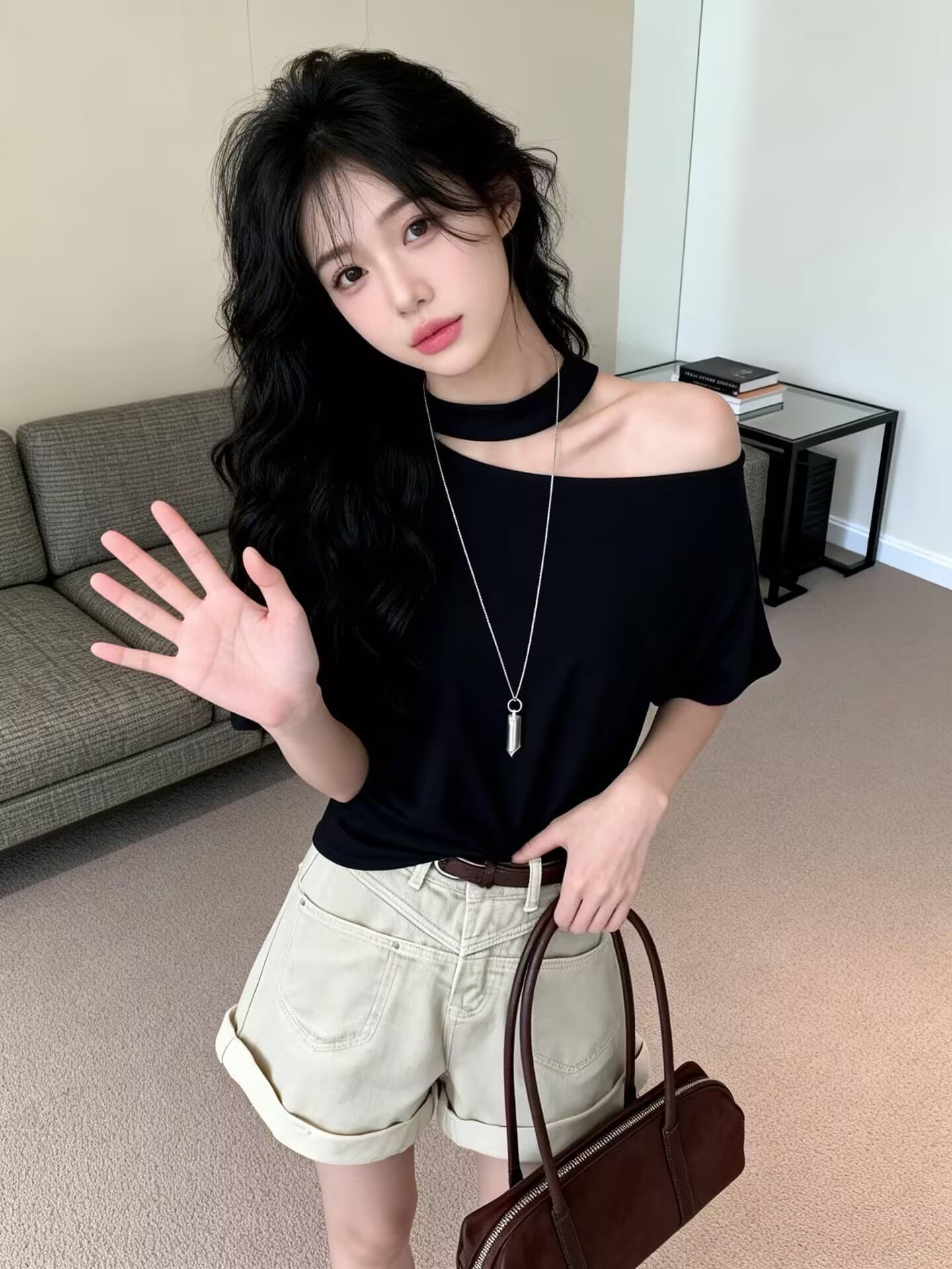 실사 새로운 핫걸 순수한 욕망 디자인 센스 행침 목 홀로우 아웃 비스듬한 어깨 몸매 가꾸기 반팔 기본 셔츠 맨위 여성 상세 이미지 2
