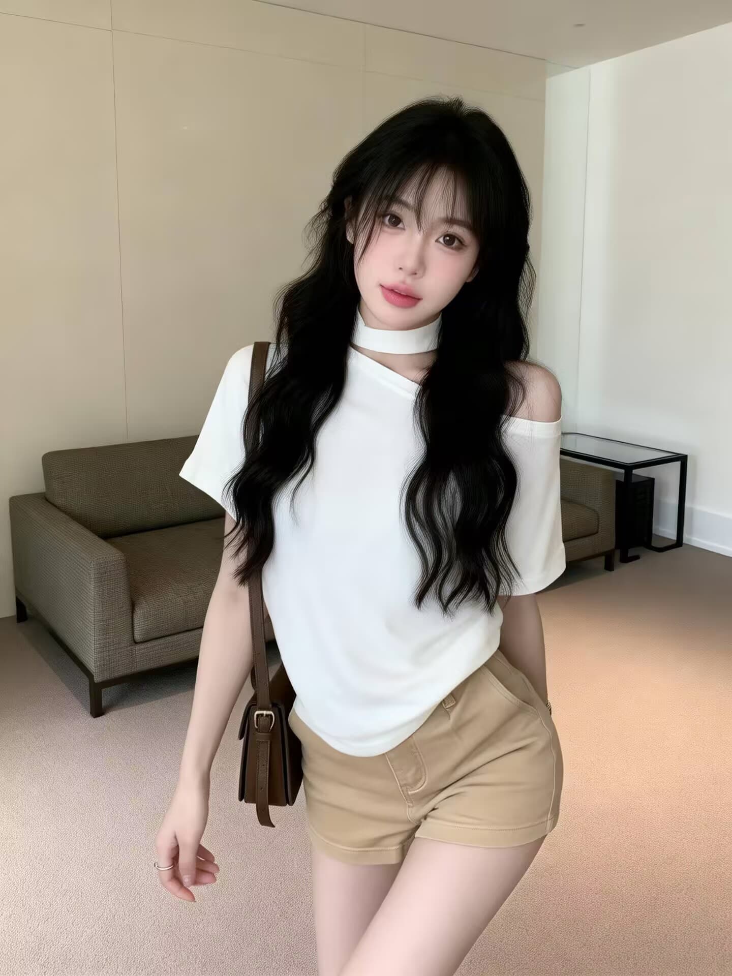 실사 새로운 핫걸 순수한 욕망 디자인 센스 행침 목 홀로우 아웃 비스듬한 어깨 몸매 가꾸기 반팔 기본 셔츠 맨위 여성 상세 이미지 6