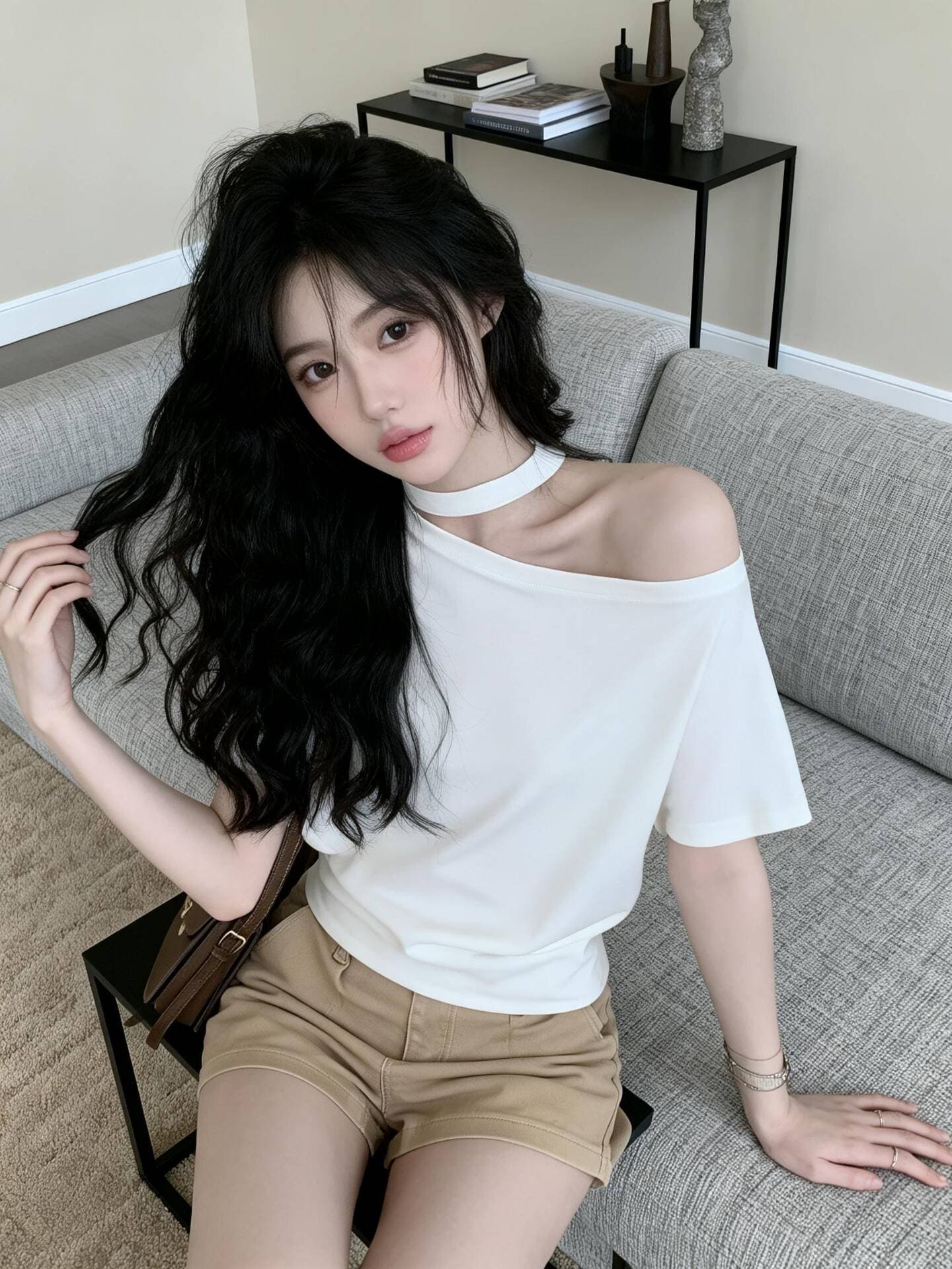 실사 새로운 핫걸 순수한 욕망 디자인 센스 행침 목 홀로우 아웃 비스듬한 어깨 몸매 가꾸기 반팔 기본 셔츠 맨위 여성 이미지 2