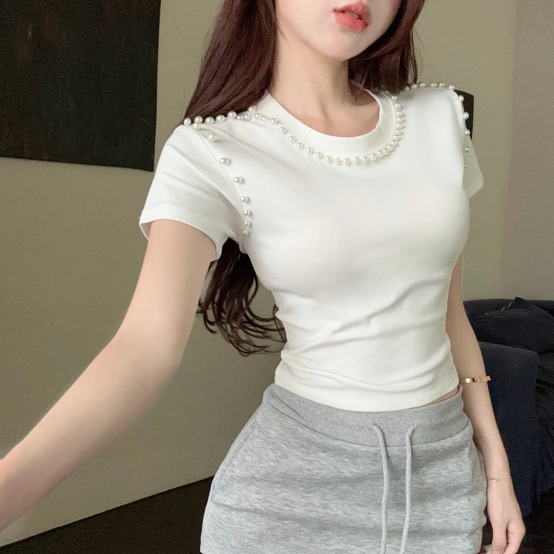 실사 새로운 작은 키 품격 무거운 작업 비즈 박기 순면 t+ 달콤한 핫걸 펌프 로프 운동 미니 스커트 세트 여성 상세 이미지 5