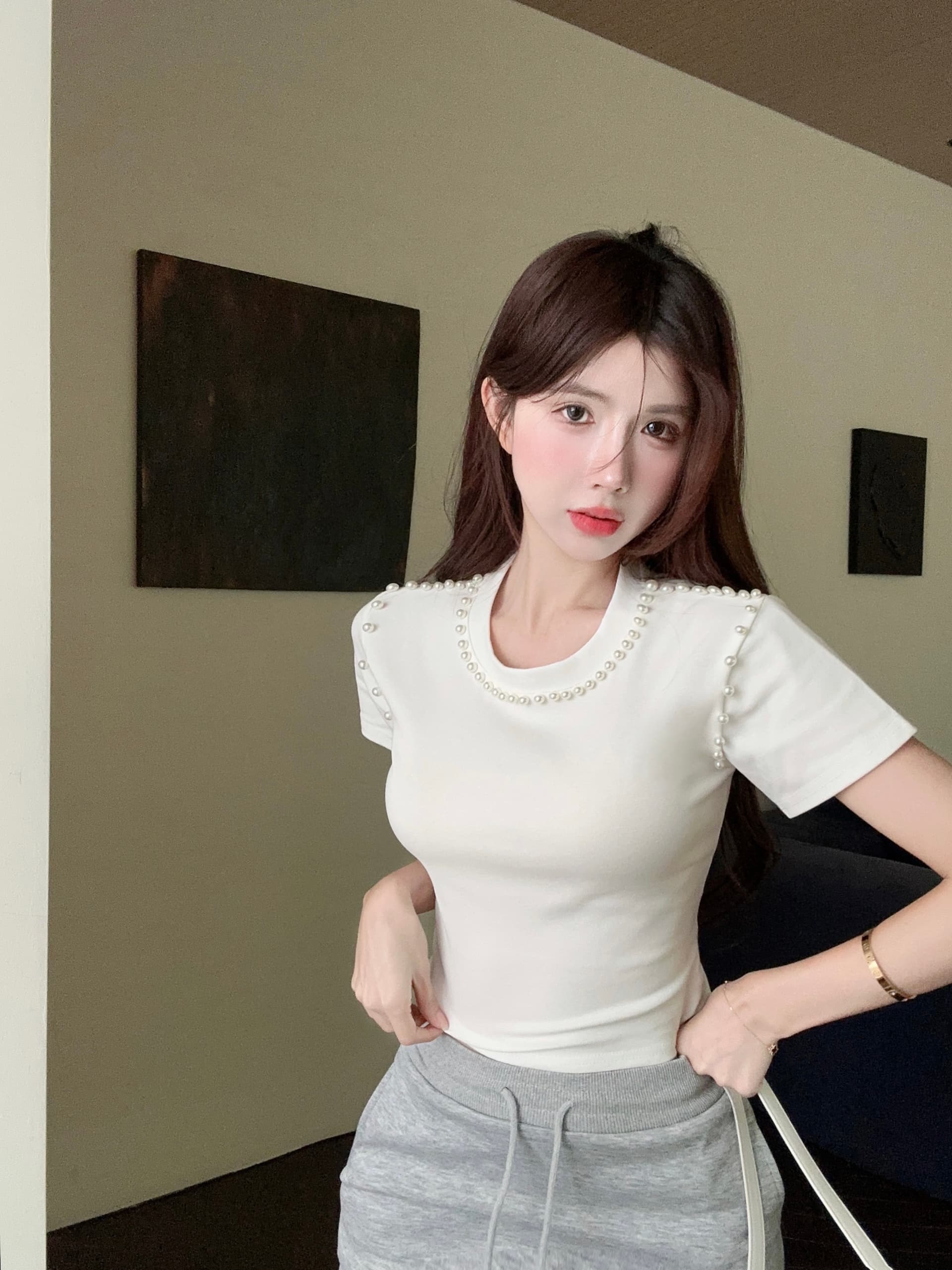 실사 새로운 작은 키 품격 무거운 작업 비즈 박기 순면 t+ 달콤한 핫걸 펌프 로프 운동 미니 스커트 세트 여성 이미지 2