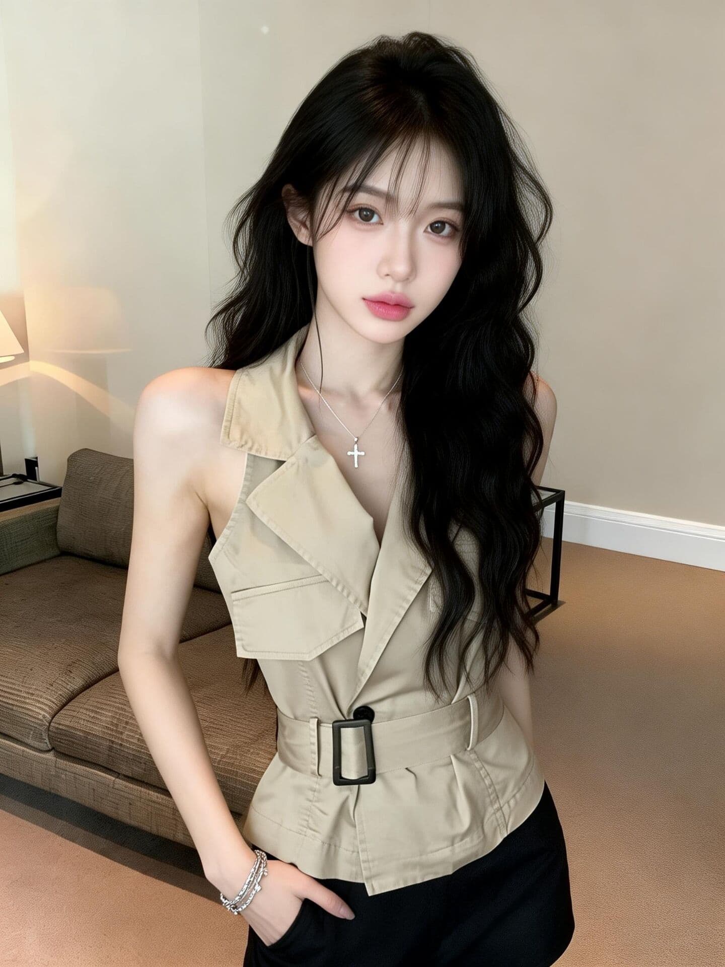실사 새로운 무거운 작업 디자인 센스 더블 주머니 표지 장식 poio 칼라 슬림해 보이는 조끼 셔츠 벨트 포함 상세 이미지 9